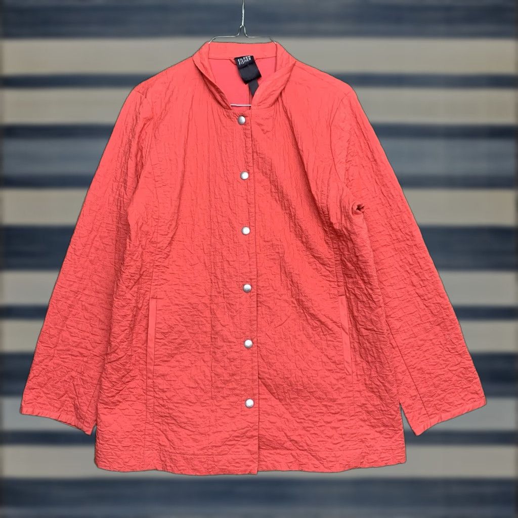 Eileen Fisher Quilted Jacket Womans Small Coral Red Snap Close Blazer