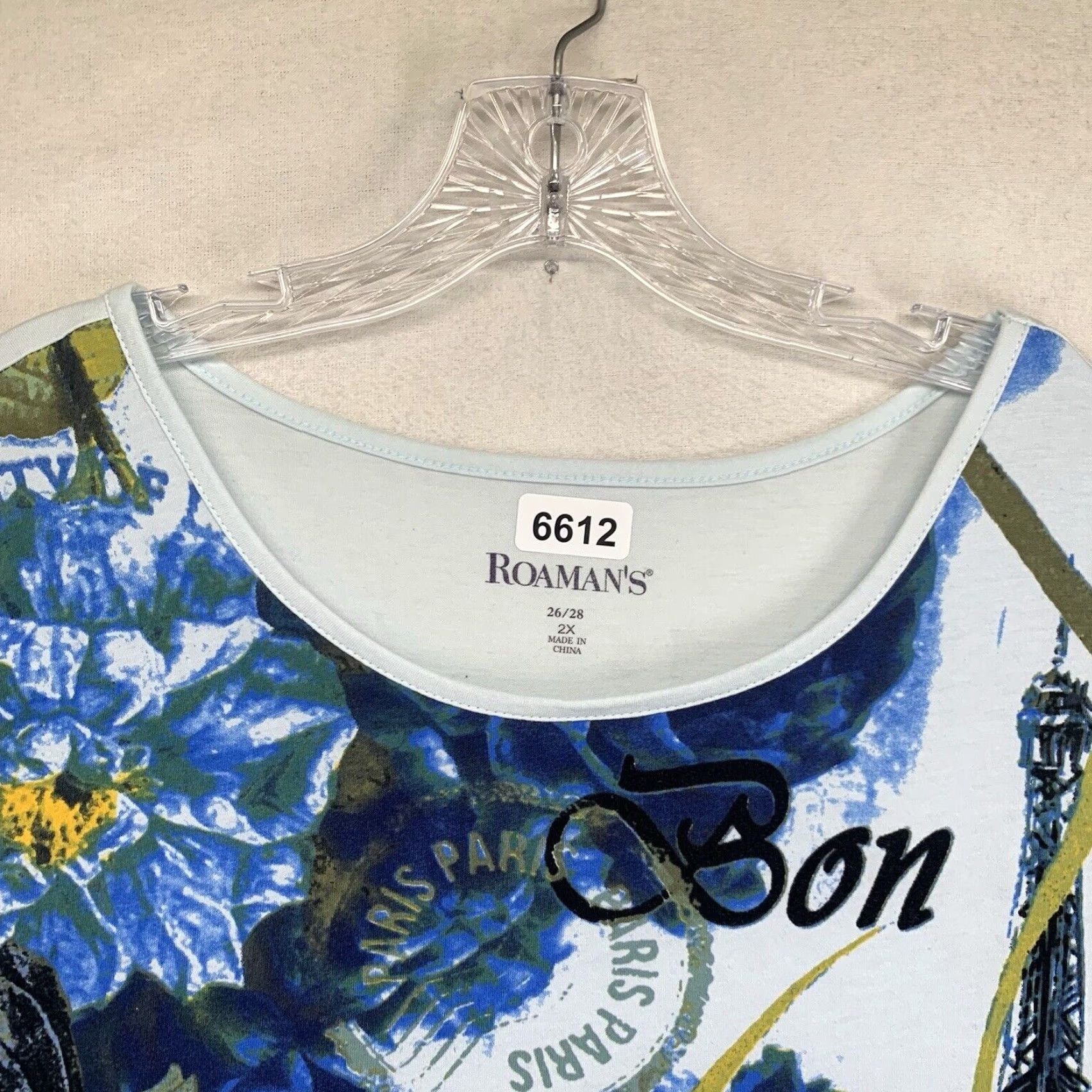 Vintage VINTAGE Roaman's Women's 2X Paris Floral T-Shirt Casual Short Sleeve Cotton Rayon Blue All Seasons Size XXL / US 16-18 / IT 52-54 - 3 Thumbnail