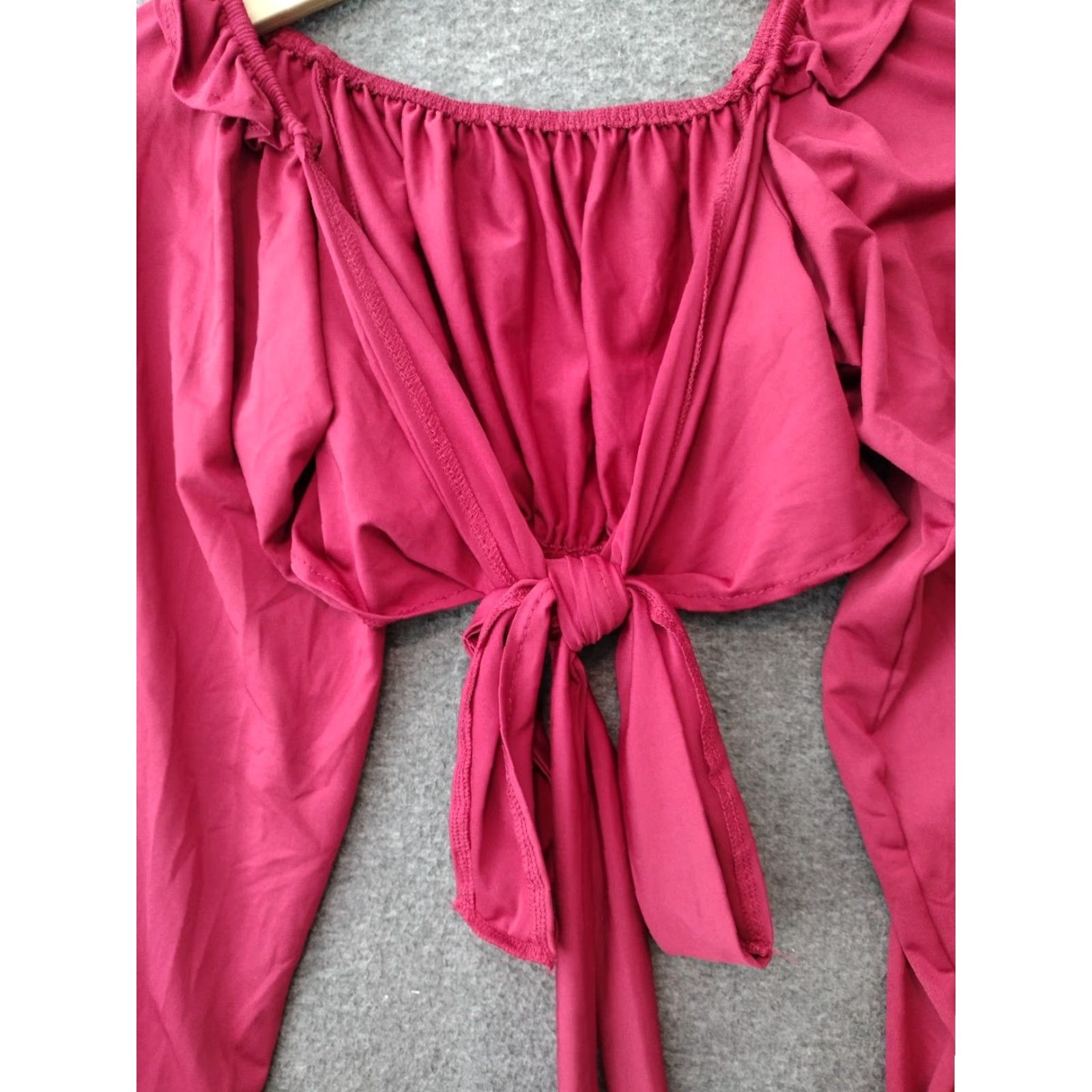Pinko Unbranded Off The Shoulder Cropped Blouse 2XL Red Bohemian Long Sleeve Tie Back Casual Women Blouse 2XL Red Bohemian Off The Shoulder Cropped Blouse Size XXL / US 16-18 / IT 52-54 - 3 Thumbnail
