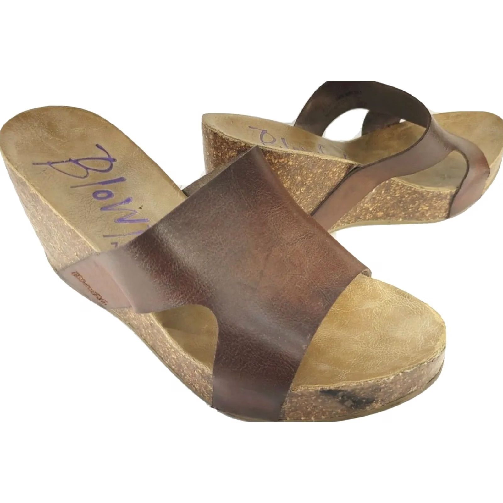 Vintage Blowfish Heels Womens 7.5 Cork Wedge Platform Slide Sandals Brown Faux Leather Size US 8 / IT 38 - 2 Thumbnail