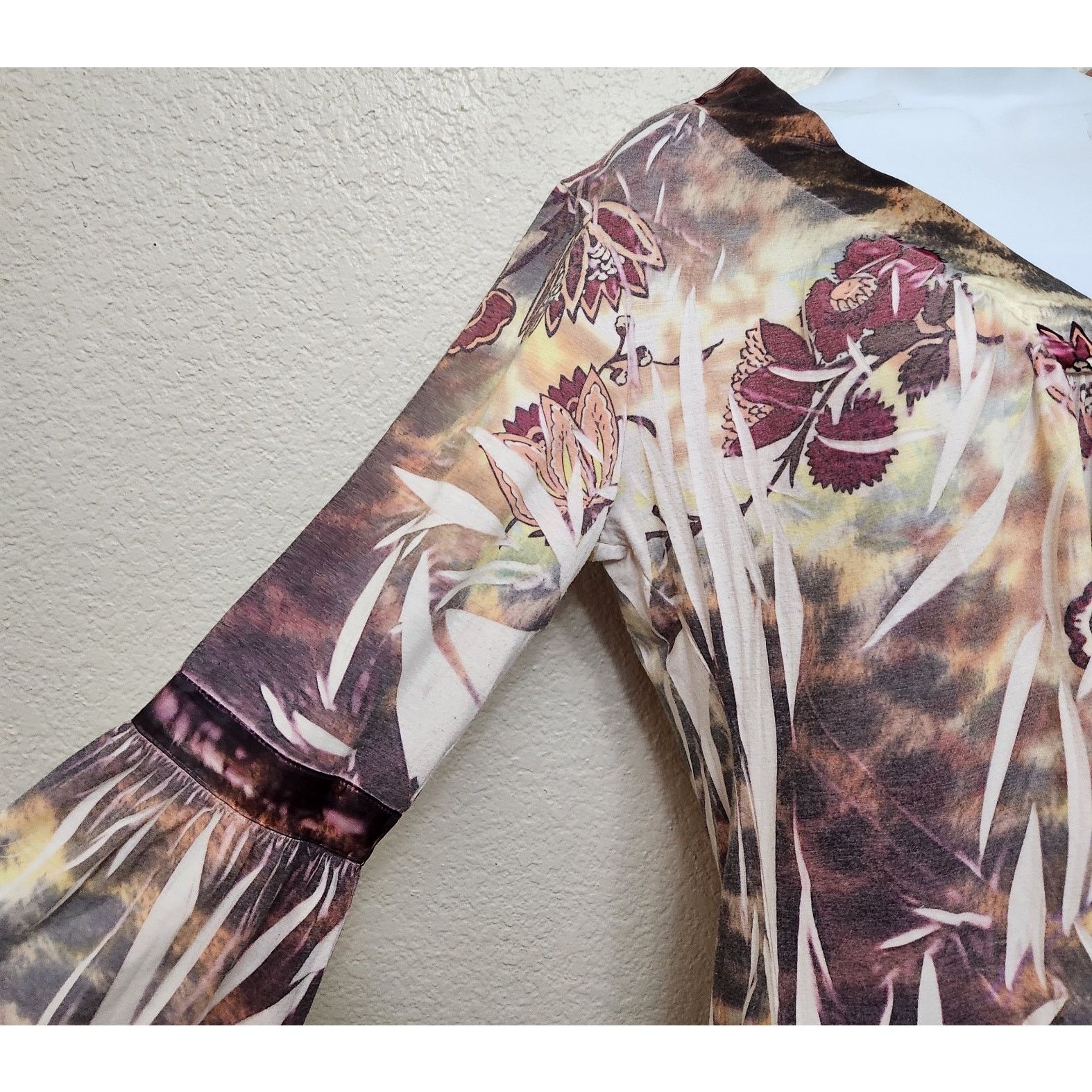 Other California Bloom Burgundy Green Floral Print Pleated Top L Size L / US 10 / IT 46 - 3 Thumbnail