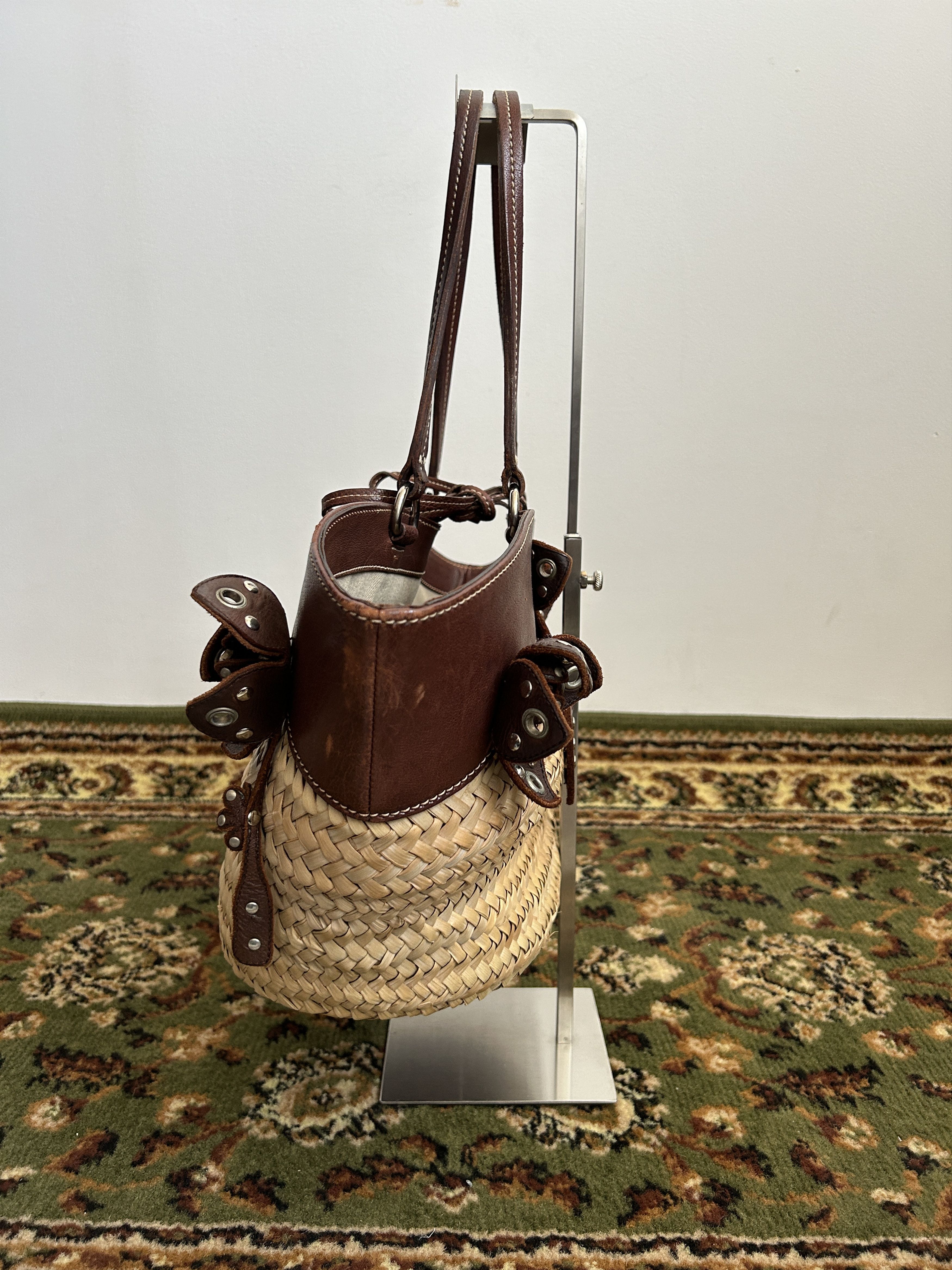 Vintage 90s archive miu miu raffia and leather tote bag