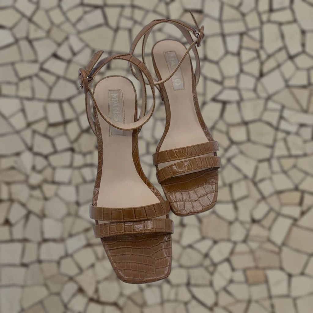 Mango Brown Faux Leather Chunky Heel Shoes Slingback Sandals Size 39 (Us 8) Square Toe, Mid Heel Shoes, Adjustable Strap, Animal Print, Womens