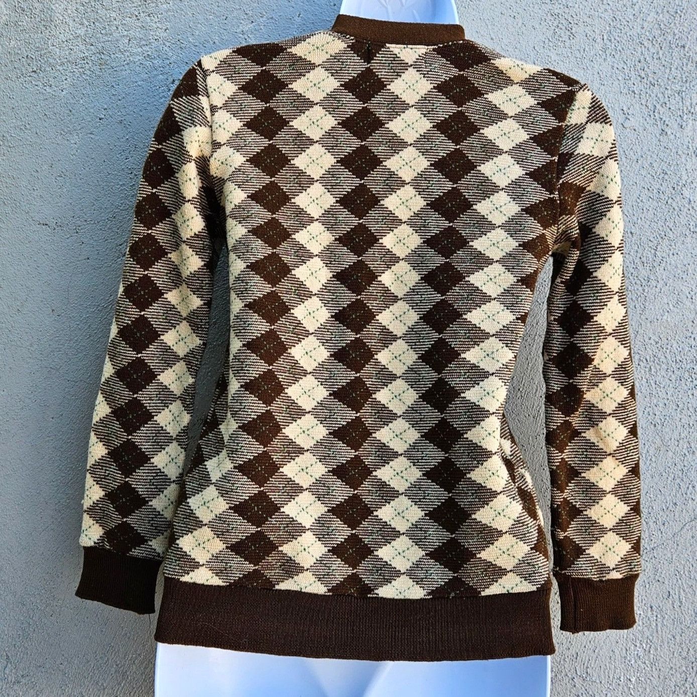 Vintage 1970s Japan Knit Cardigan XS Argyle Brown Cream V-Neck Butto Size XXS / US 00 / IT 34 - 5 Thumbnail