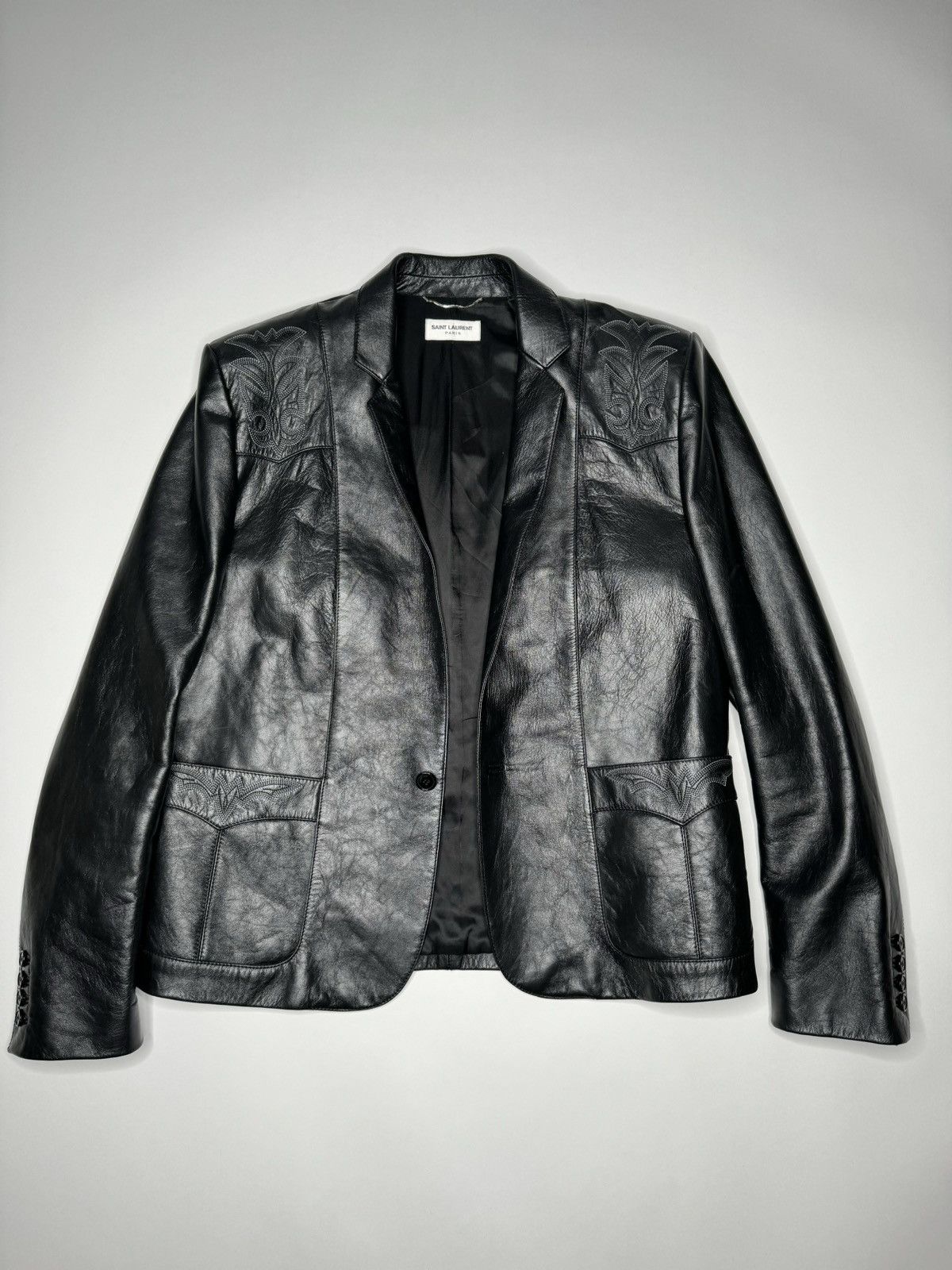 image of Saint Laurent Paris Ss19 Runway Western Embroidery Aged Calf Jacket in Black, Men's (Size Large)