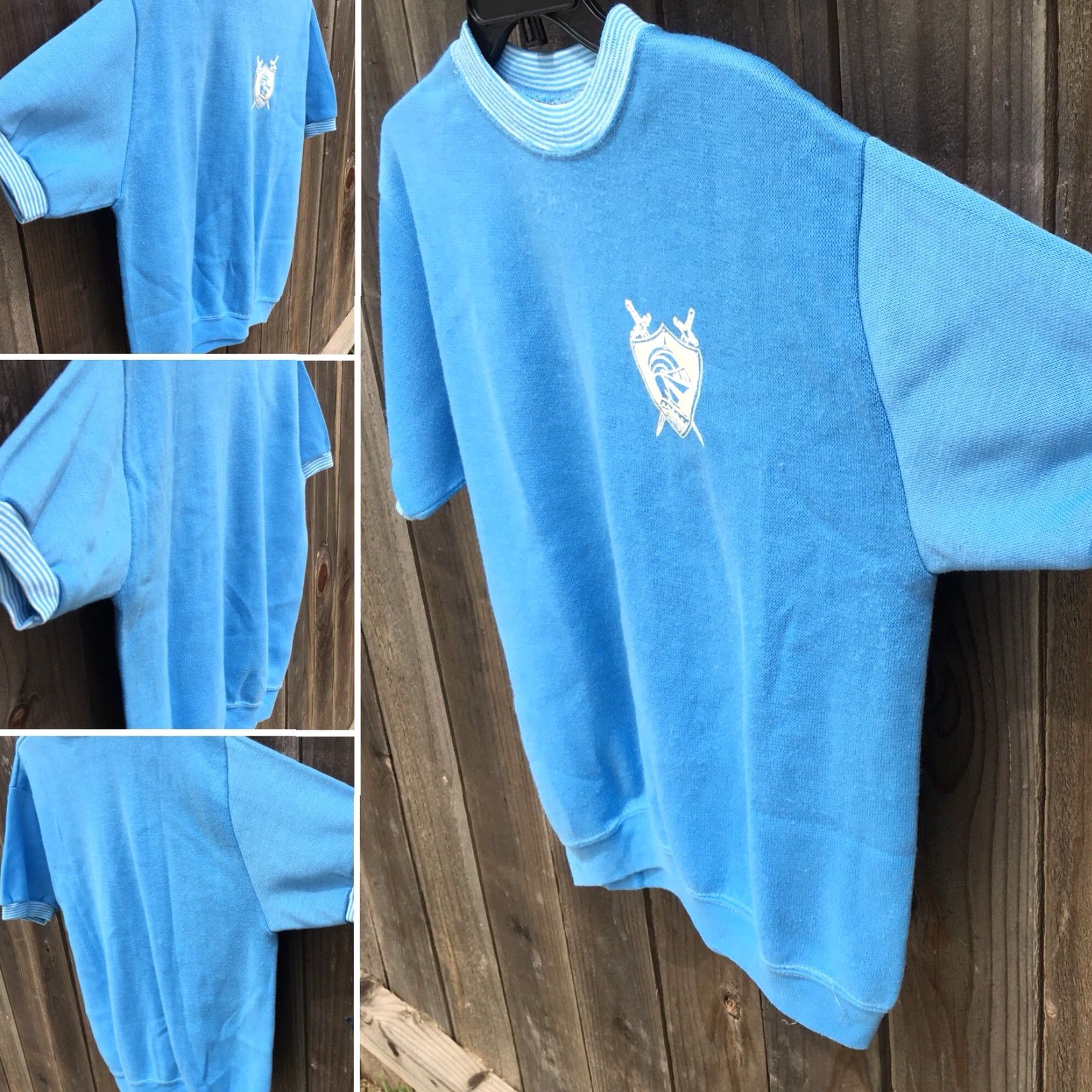 Vintage VINTAGE 1960s 1970s Creslan Acrylic Knit Short Sleeve Sweatshirt Knight Crest Rockabilly True Vintage Casuals Of Creslan L Blue Mens Shirt Size US L / EU 52-54 / 3 - 5 Thumbnail