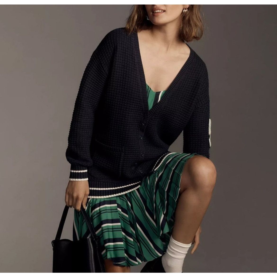 Anthropologie Anthropologie Navy Varsity Cardigan Sweater Layered Dress Size XS / US 0-2 / IT 36-38 - 2 Thumbnail