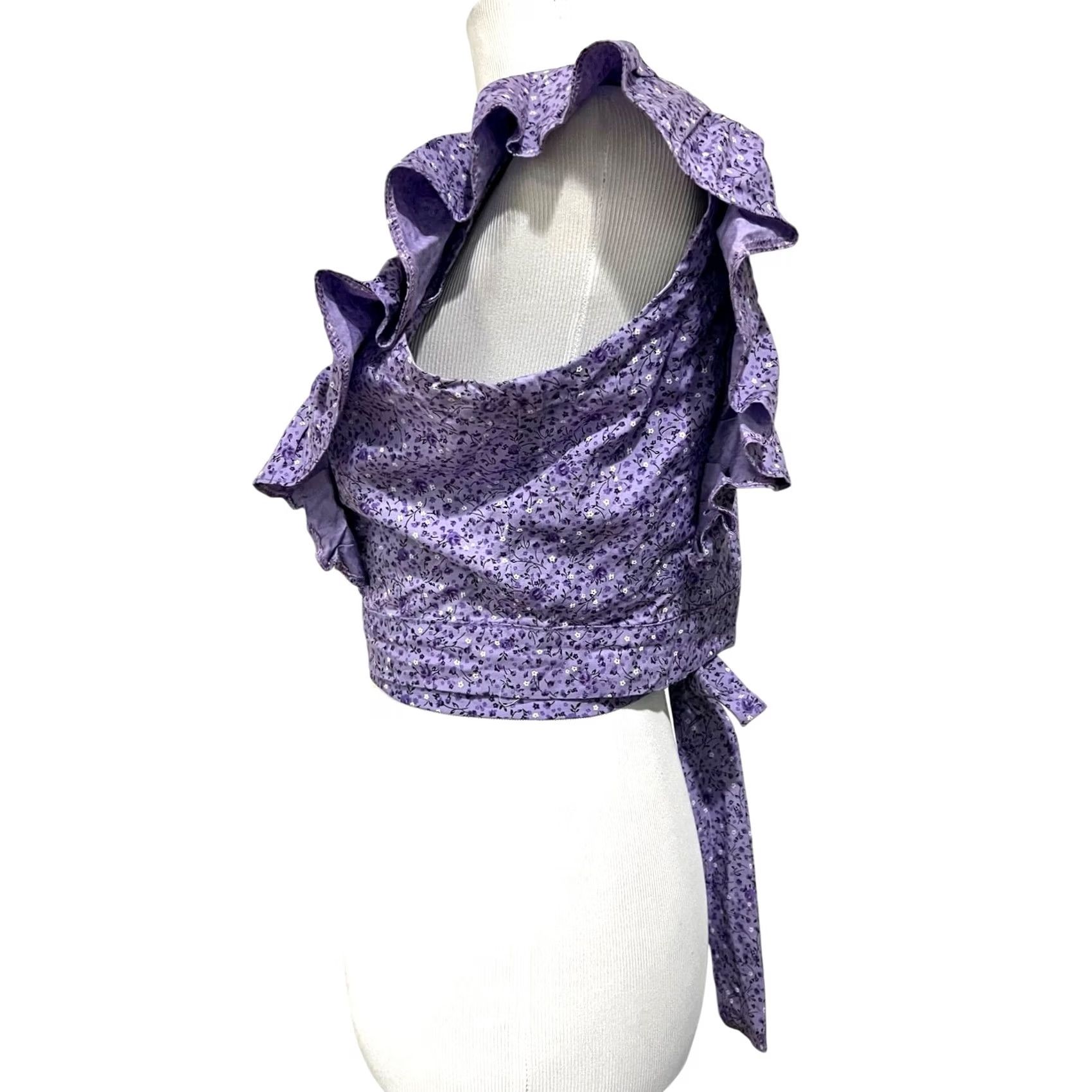 Vintage Purple Floral Crop Wrap Top T-Shirt Women's Medium Cotton Flutter Sleeve V-Neck Party/Casual Swinging Mexico 2020s Womens Size M / US 6-8 / IT 42-44 - 4 Thumbnail