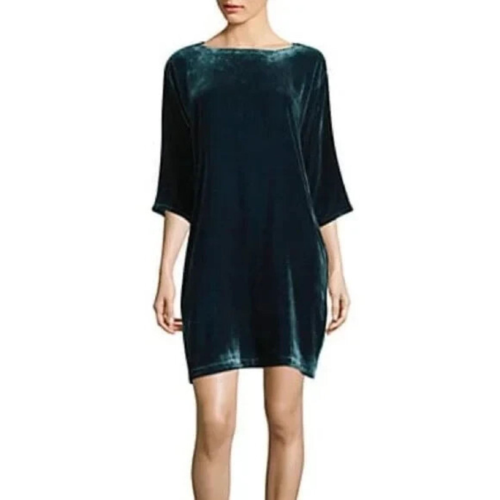 EILEEN FISHER Teal Velvet Crew Neck 3/4 Sleeve Dress Sz XXS