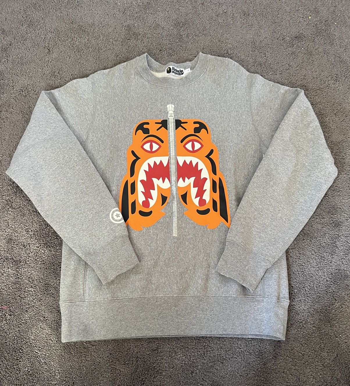 image of Bape Grey Tiger Face Crewneck, Men's (Size Large)