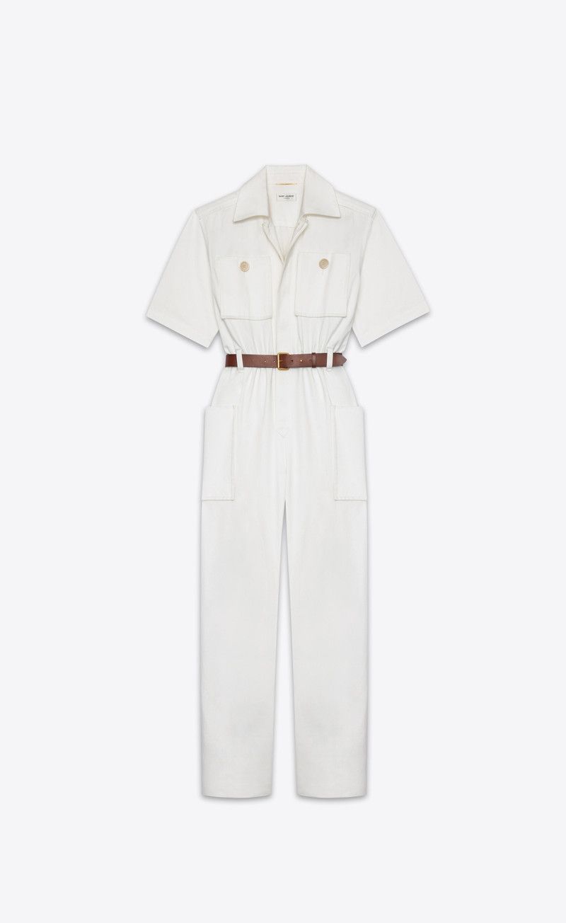 Saint Laurent Paris o1w1db10526 785820 Jumpsuit in Cotton Gabardine in White Size 26" / US 2 / IT 38 - 1 Thumbnail