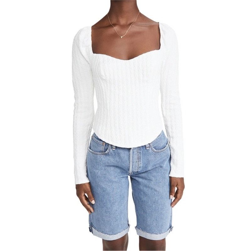 Free People NWT FREE PEOPLE Brittany White Ribbed Puff Sleeve Top Large Size L / US 10 / IT 46 - 22 Thumbnail