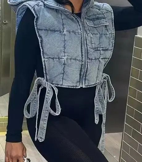 Winter Sleeveless Side Lace Up Vest Jacket Zipper Denim