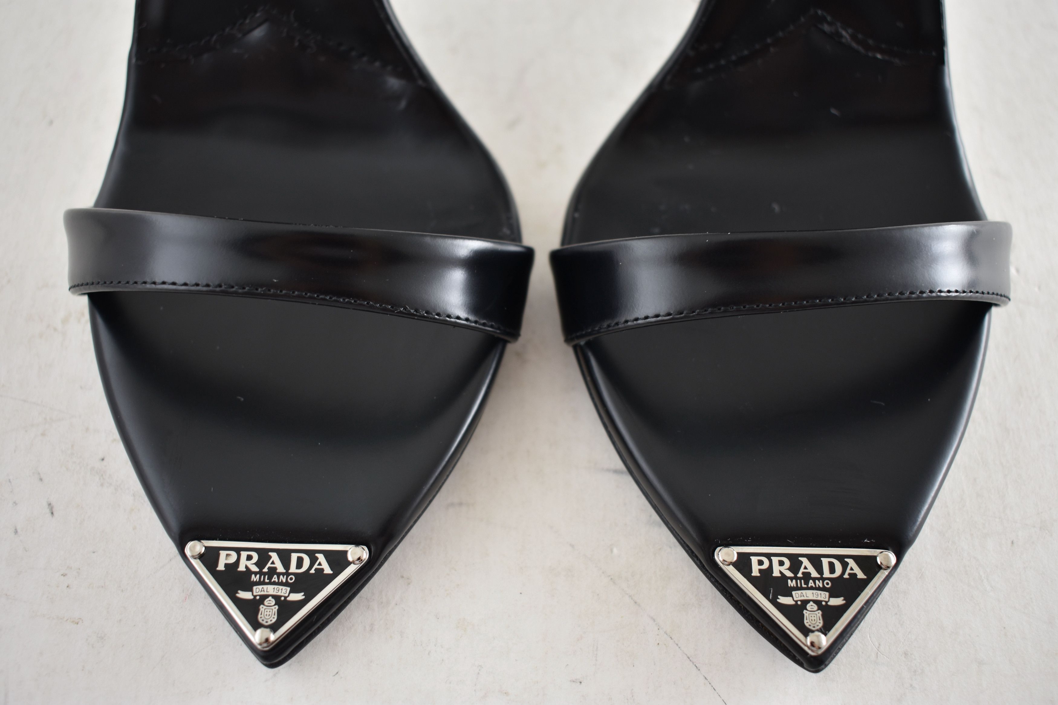 Prada Leather Pointed Toe Logo Ankle Strap Heel Sandal Pump 38 Size US 8 / IT 38 - 13 Thumbnail