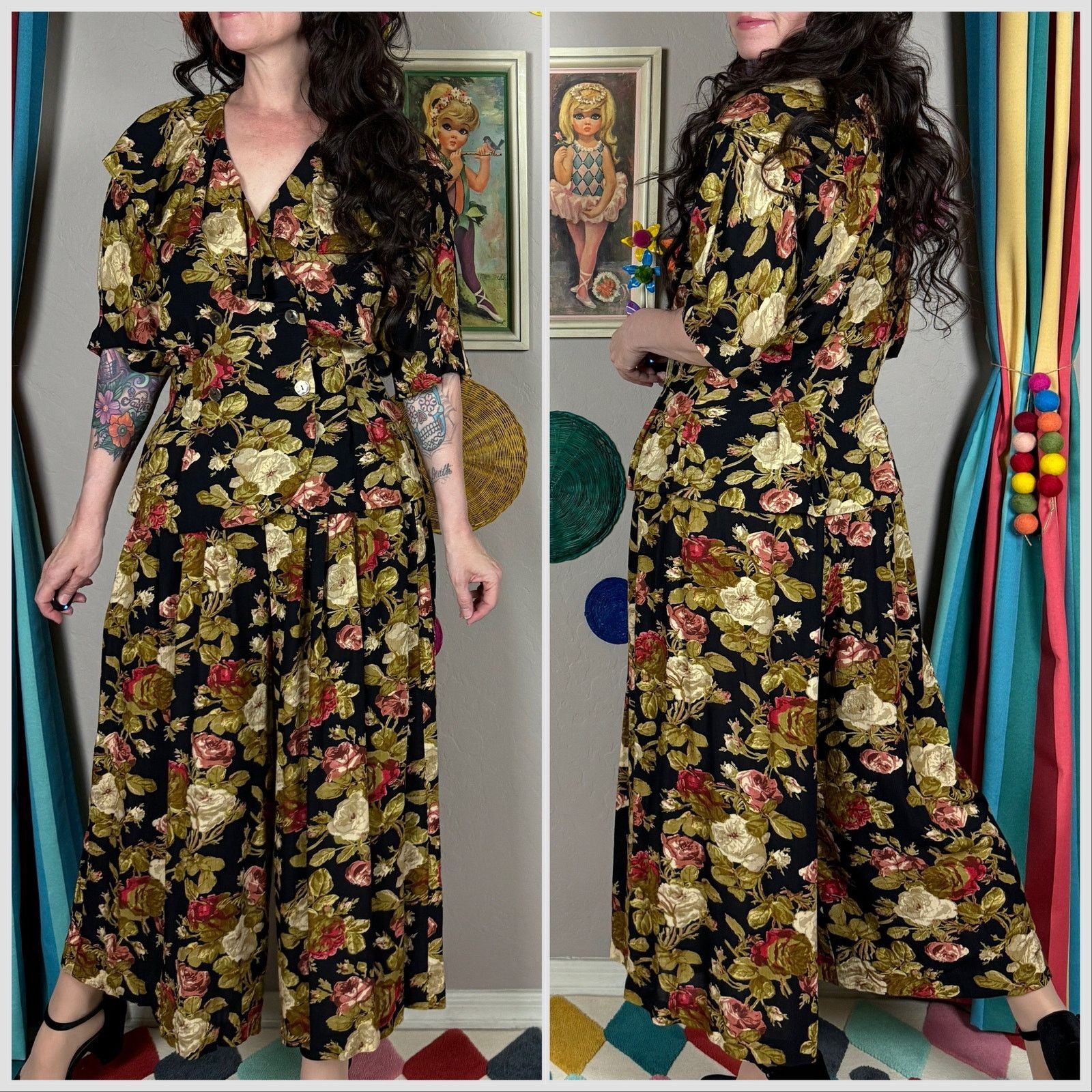Vintage 1980s Floral 2-Piece Set Ruffle Top & Wide Leg Palazzo Pants Size 27" / US 4 / IT 40 - 3 Thumbnail