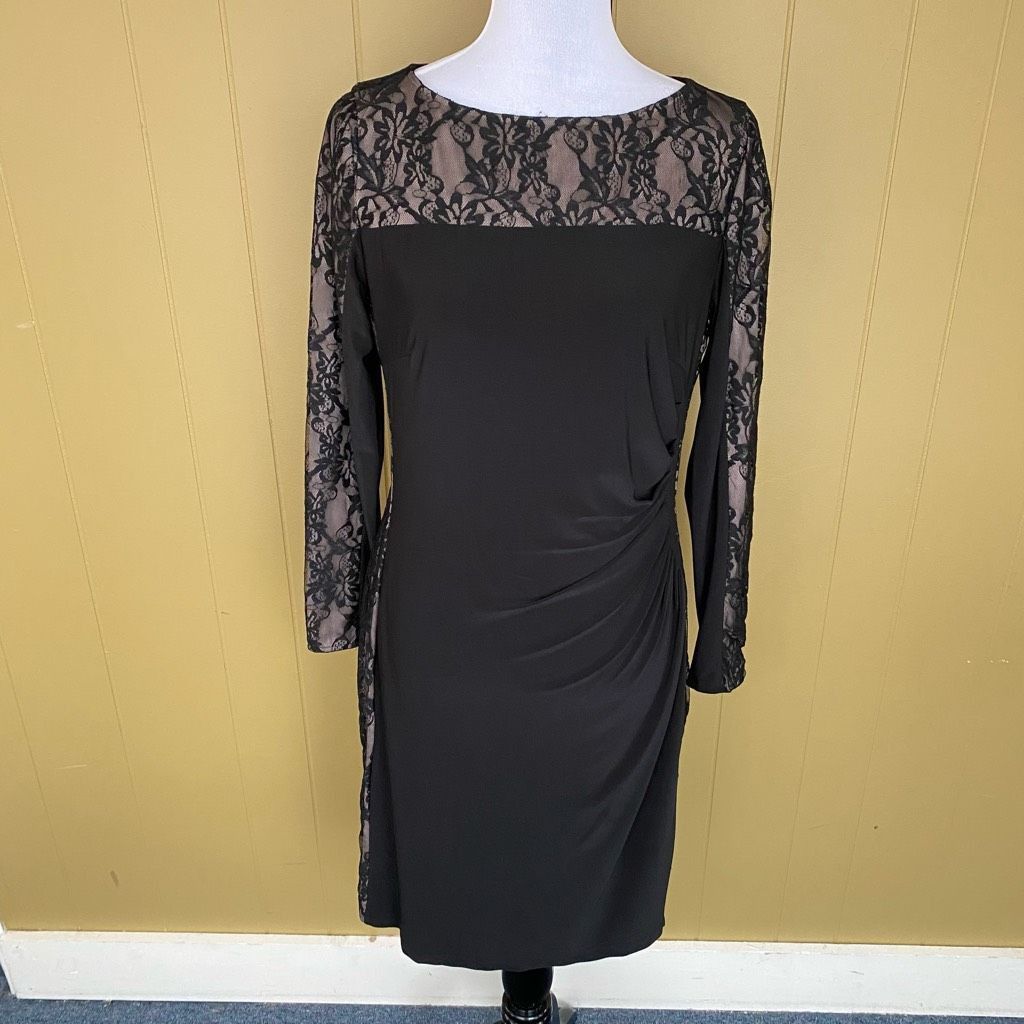 Other Women M fully lined midi dress w/black lace over tan rouched Size M / US 6-8 / IT 42-44 - 1 Thumbnail