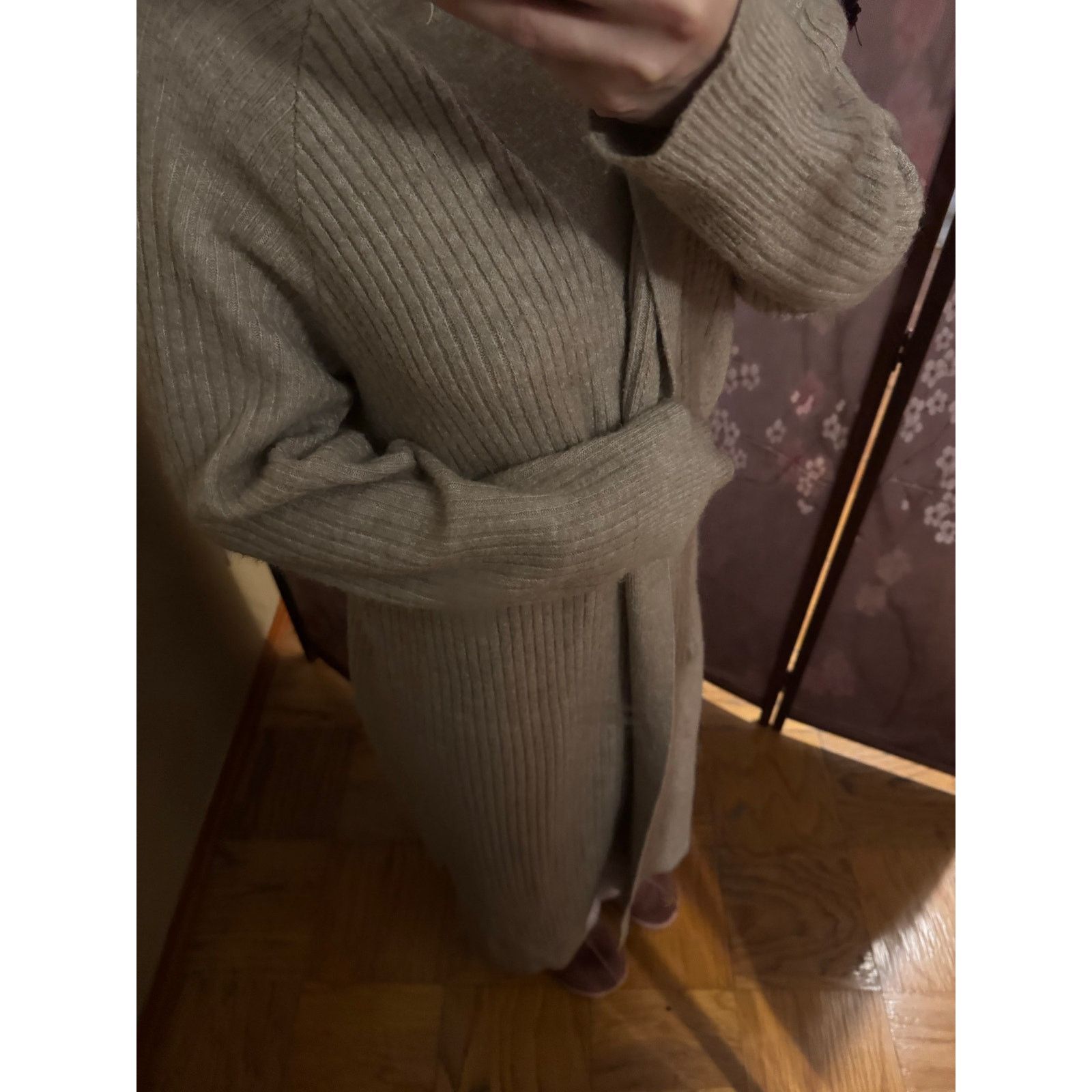 H&M Ribbed Knit Duster Cardigan XS Sage Taupe Open Front Belted Size S / US 4 / IT 40 - 3 Thumbnail