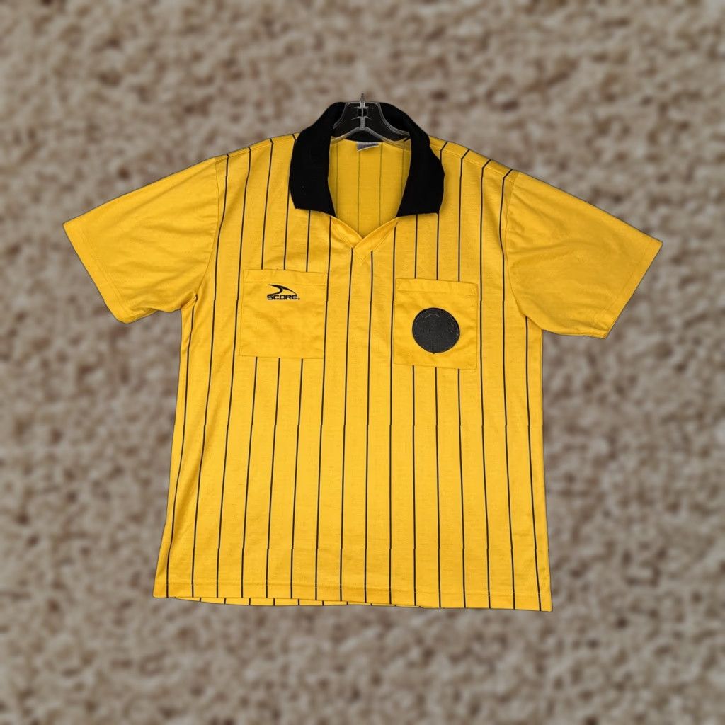 Vintage Score Referee Shirt Mens Large Yellow Black Striped Soccer Jersey Top Pockets Size US L / EU 52-54 / 3 - 1 Thumbnail
