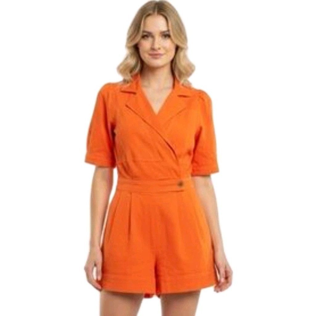 Other Day + Moon Women Orange V-neck Romper Puff Sleeves Jumpsuit Size 33" - 1 Thumbnail