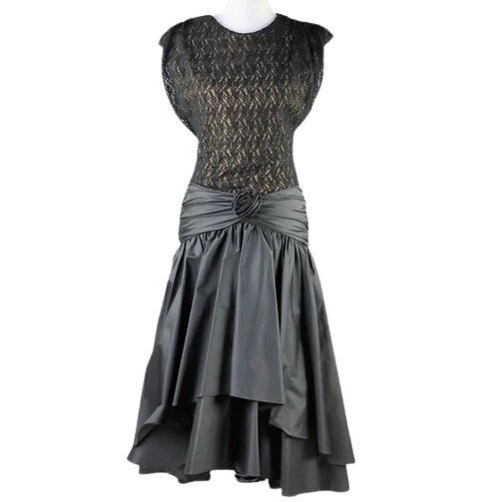 image of Vintage 1980S Lace Dress With Drop Waist Ruffle Bottom Large in Black, Women's