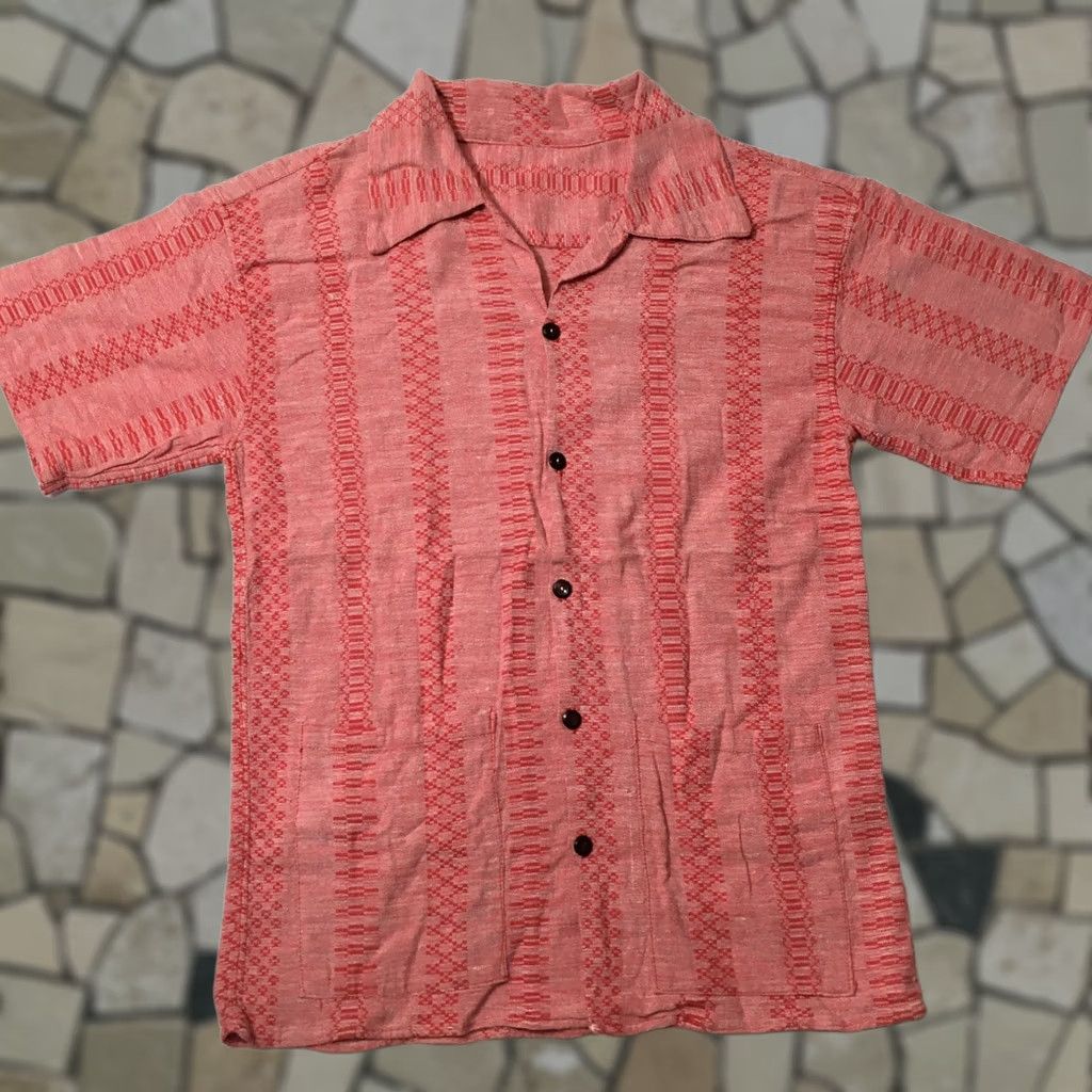 VINTAGE Mexico Shirt Mens L Red Linen Blend Button-Up Short Sleeve Plaid-Patterned Casual Workwear 90s Mens Womens