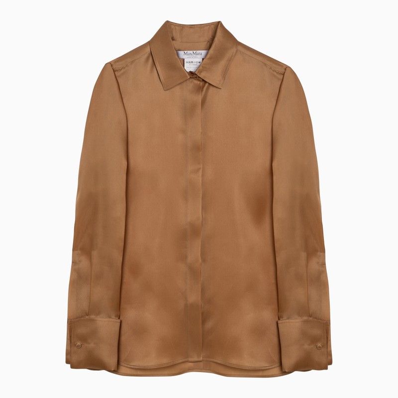 image of Max Mara Leather-Coloured Silk Shirt in Brown, Women's (Size Small)