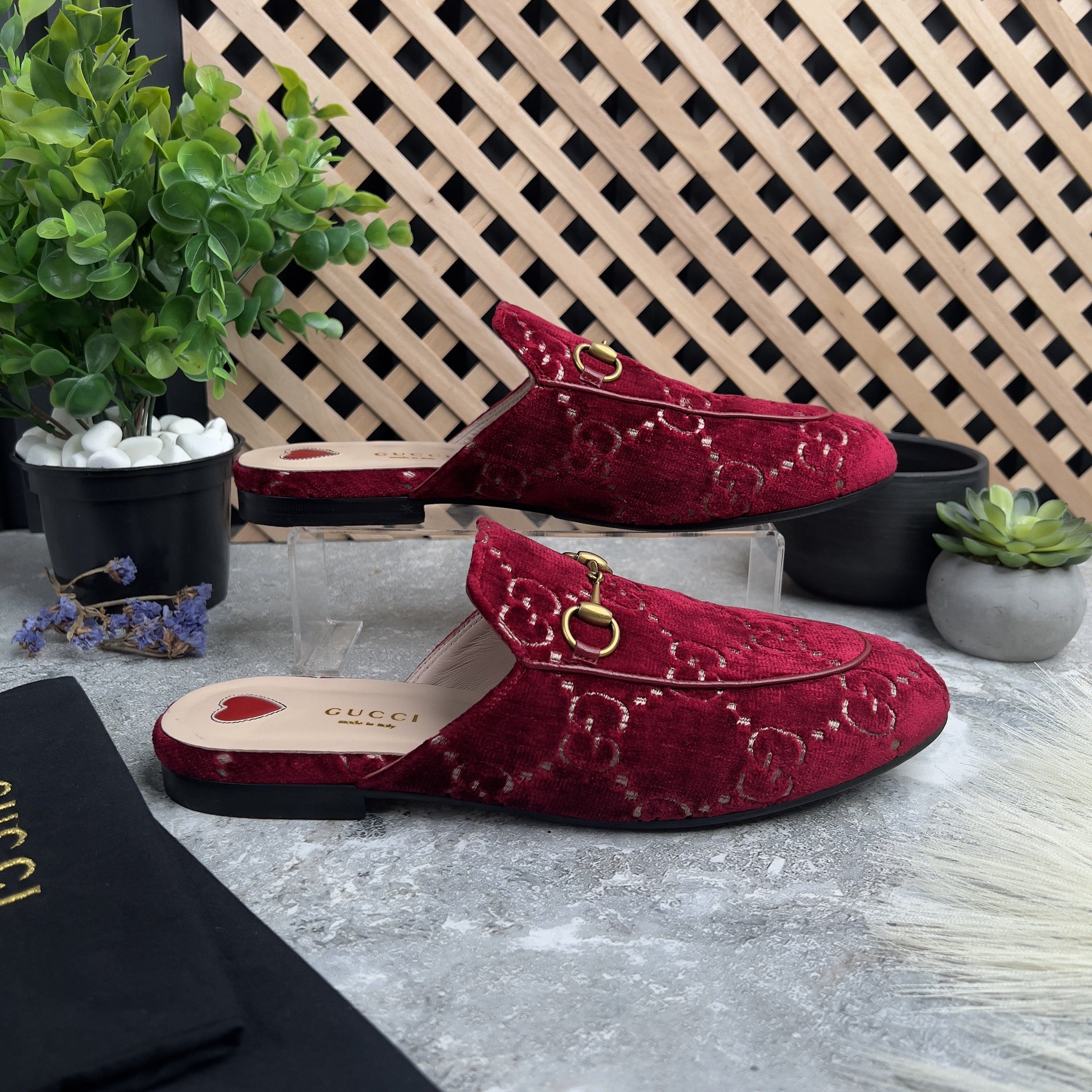 Gucci Princetown Horsebit GG Monogram Mule Red Velour Size US 8 / IT 38 - 5 Thumbnail