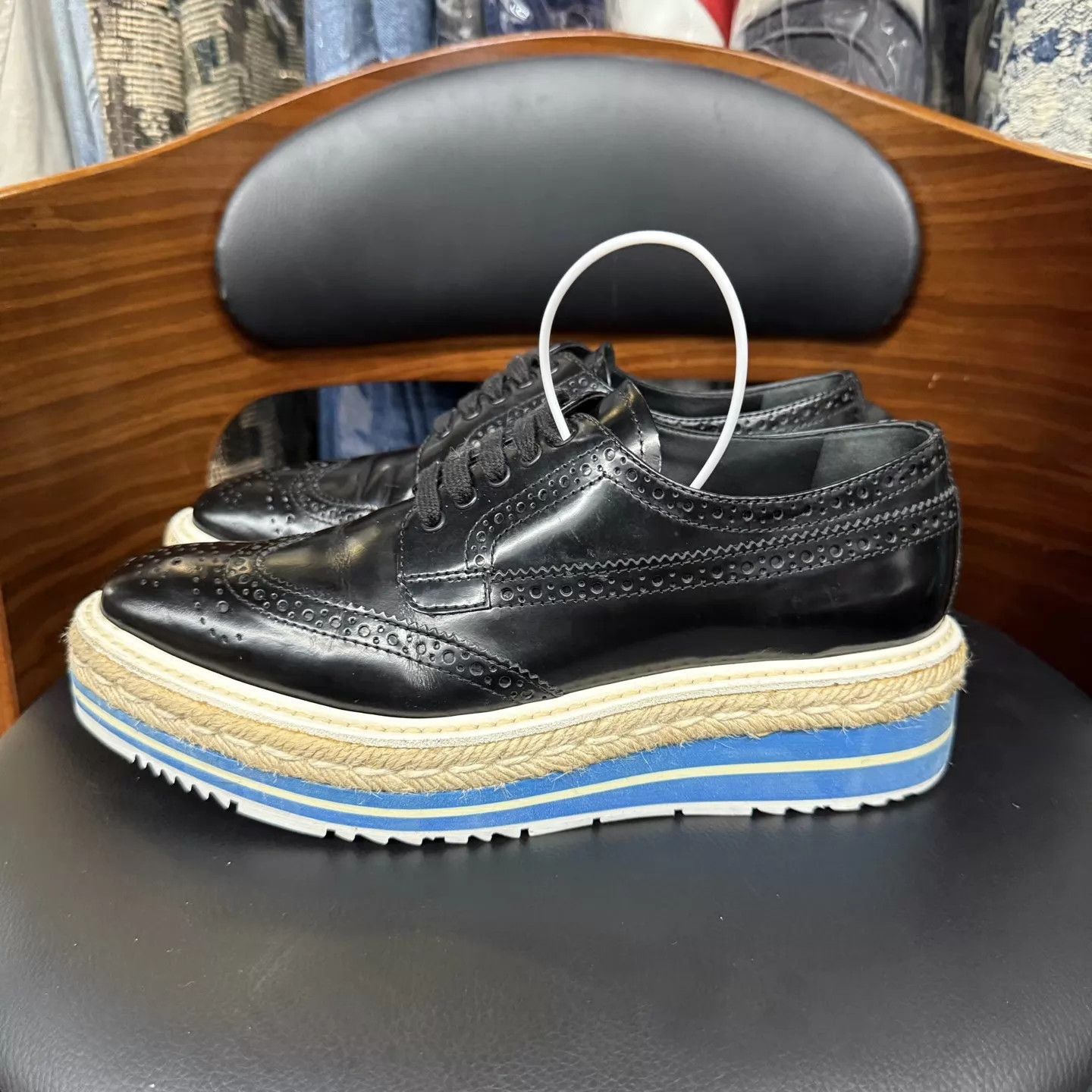 Prada Prada patent Fume blackblue retro platform 37.5 worn once Size US 7 / IT 37 - 6 Thumbnail