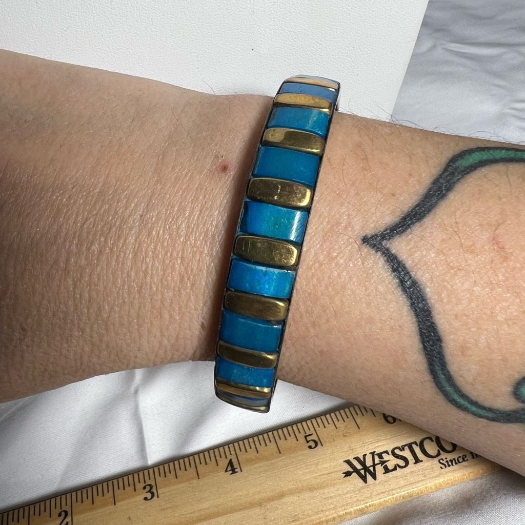Vintage Vintage Brass and Blue Enameled Bangle Bracelet Size ONE SIZE - 1 Thumbnail