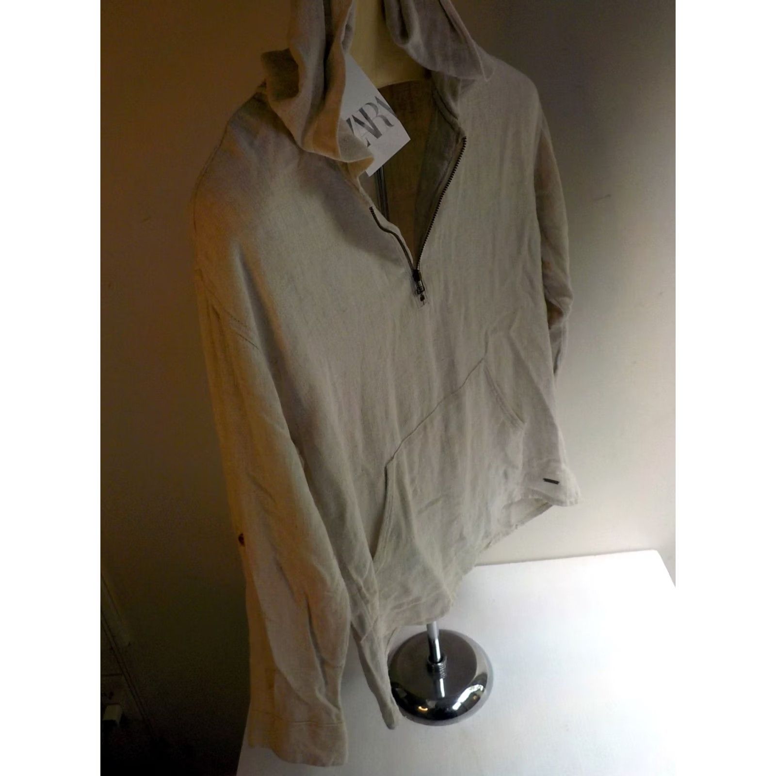 Zara VINTAGE? no. Final: ZARA Hooded Blouse Shirt Linen Blend Beige 9 NWT Womens 3/4 Sleeve Kangaroo Pocket Harvested 1990s? Size M / US 6-8 / IT 42-44 - 4 Thumbnail