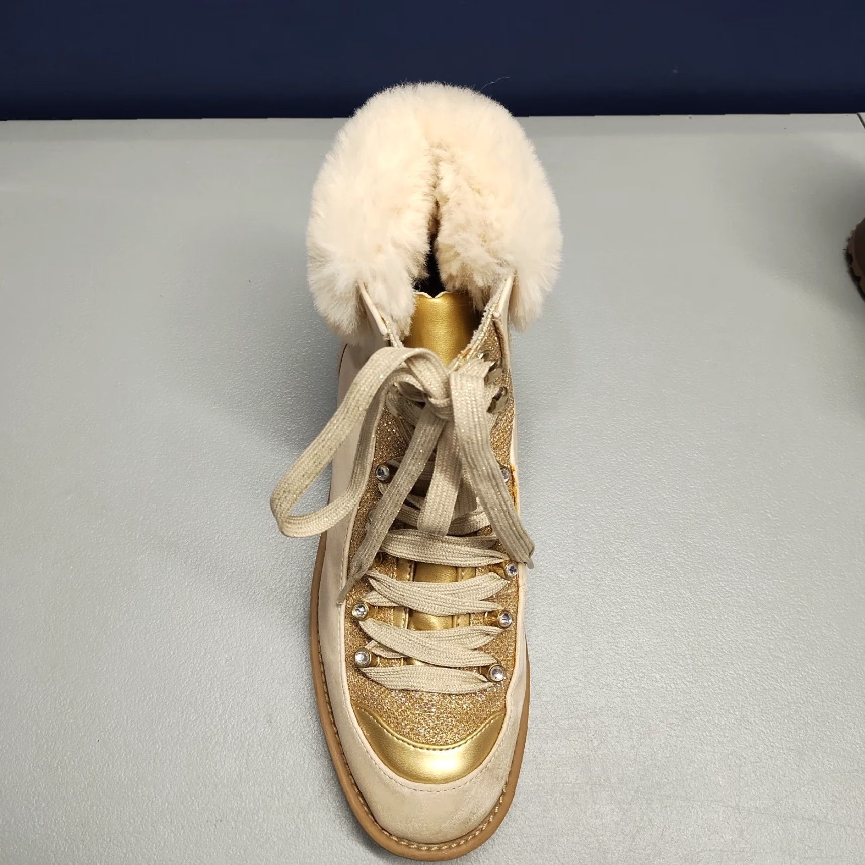 Juicy Couture Juicy Couture Heeled Boots Women's Size 8M Gold Sude Leather Faux Fur Lace-up Bootie Size US 8 / IT 38 - 6 Thumbnail