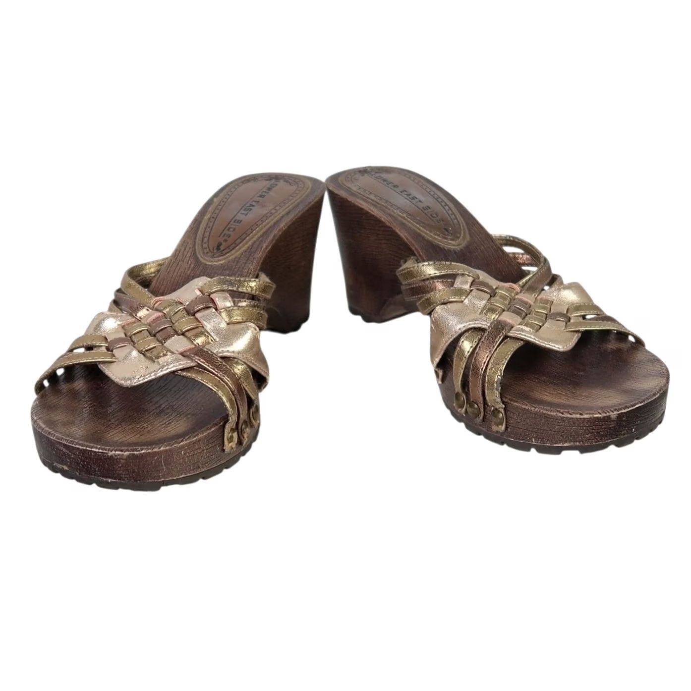 Vintage VINTAGE Lower East Side Metallic Gold Faux Leather Woven Mule Sandal Heels 6 Women's 90s Bohemian Hippie 2.75" Heel Size US 6 / IT 36 - 3 Thumbnail