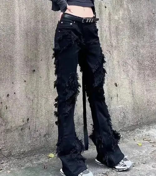 VIBE High Street Ripped Tassel Frayed Black Flare Jeans Pant Size US 32 / EU 48 - 4 Thumbnail