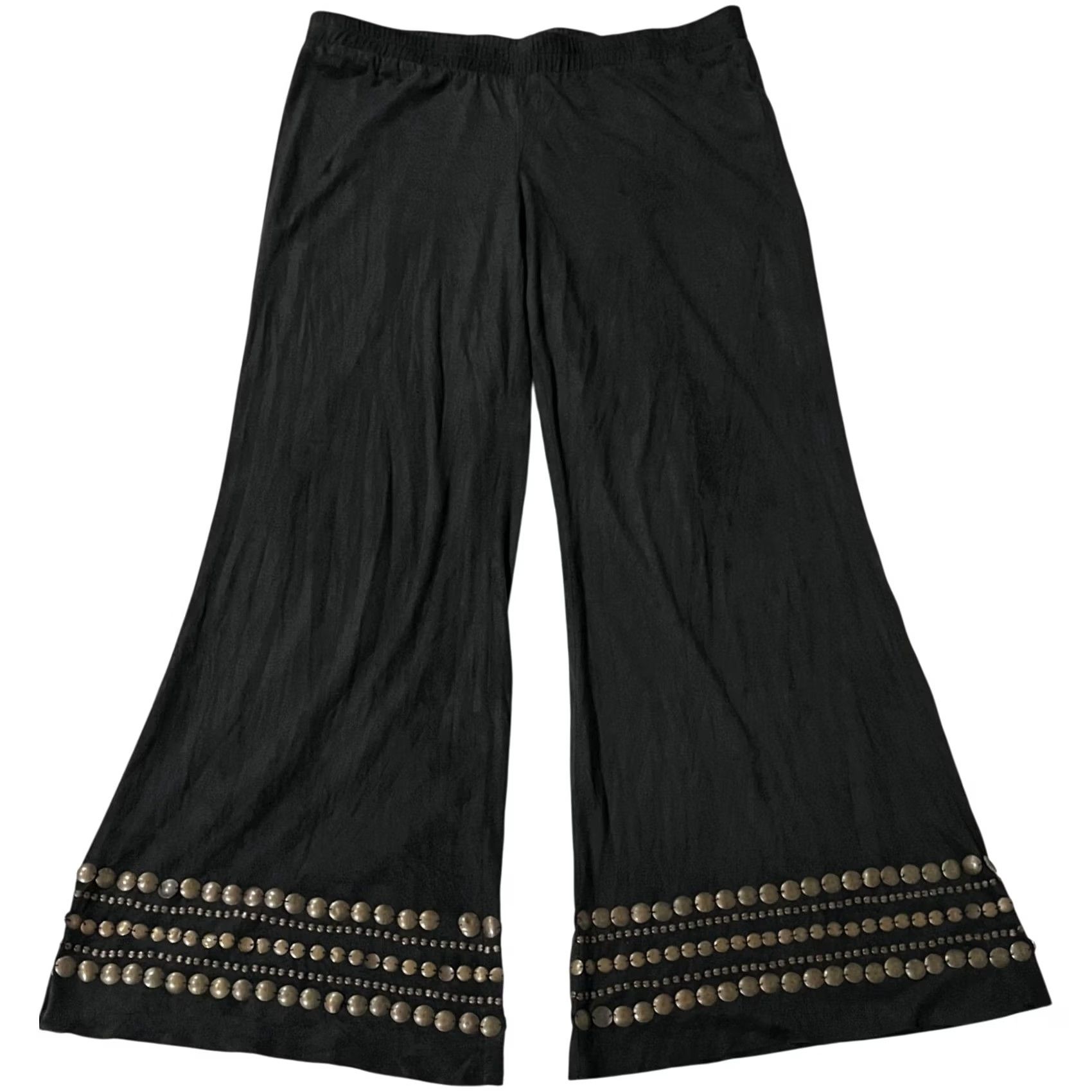 Vintage Ivy Jane Pants Women’s M Black Wide Leg Beaded Embellished Trim Knit Stretch Pull On Palazzo Size 32" / US 10 / IT 46 - 2 Thumbnail