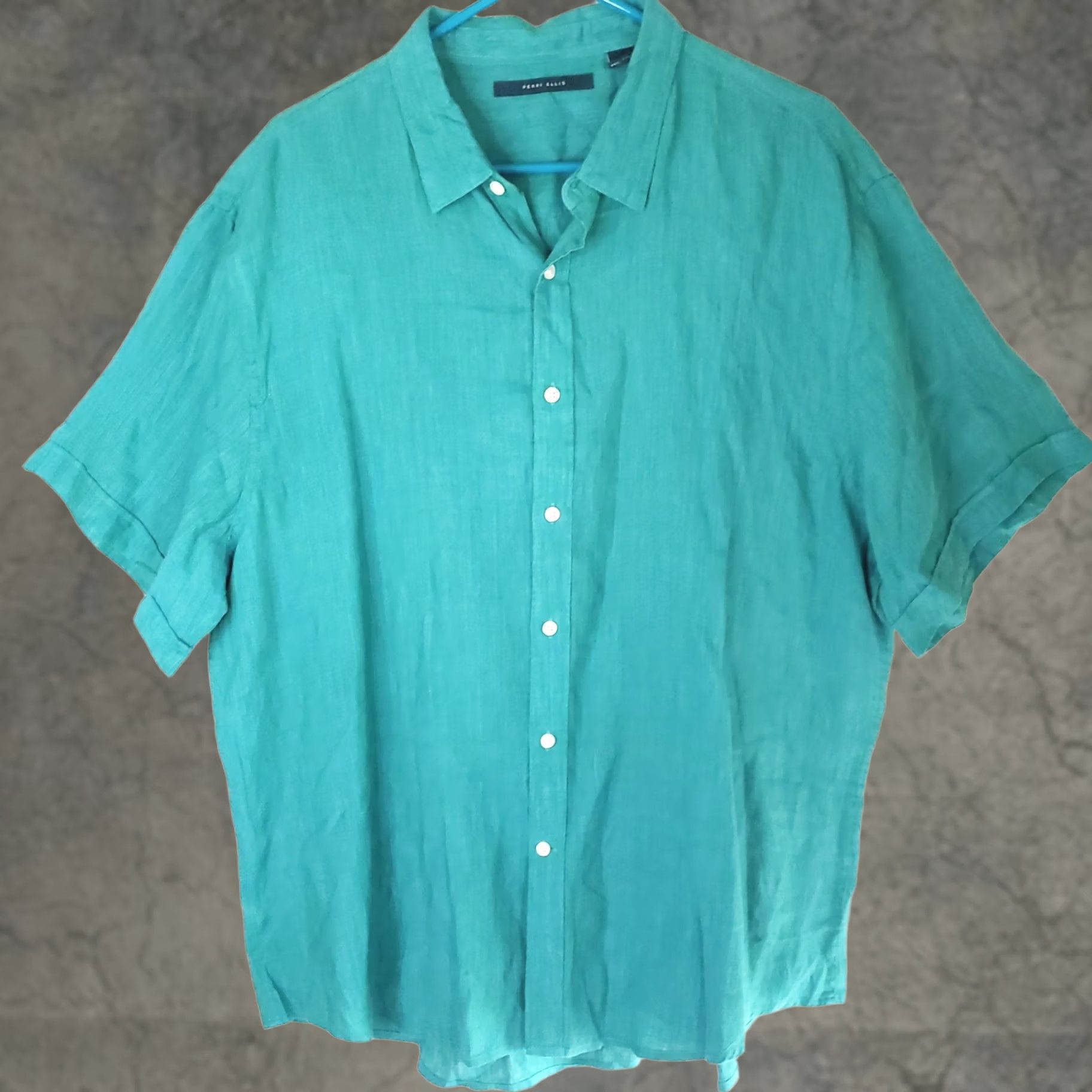 Perry Ellis Perry Ellis Linen Shirt Teal Men's XXL Short Sleeve Button Front Casual Size US XXL / EU 58 / 5 - 1 Thumbnail