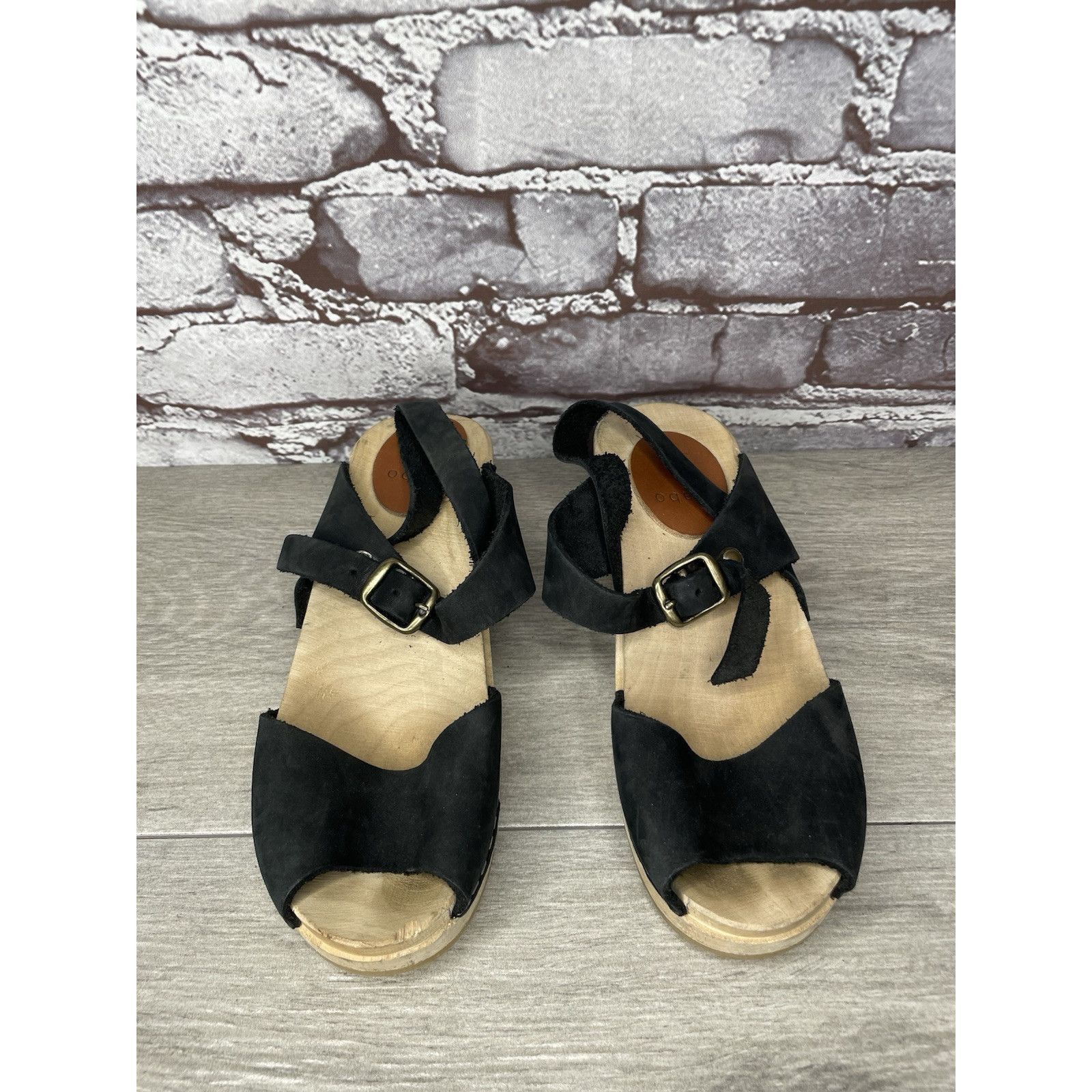 Other Mabo Black Leather Peep Toe Strap Sweden Clogs Heel Sandals Size US 4 / IT 34 - 2 Thumbnail