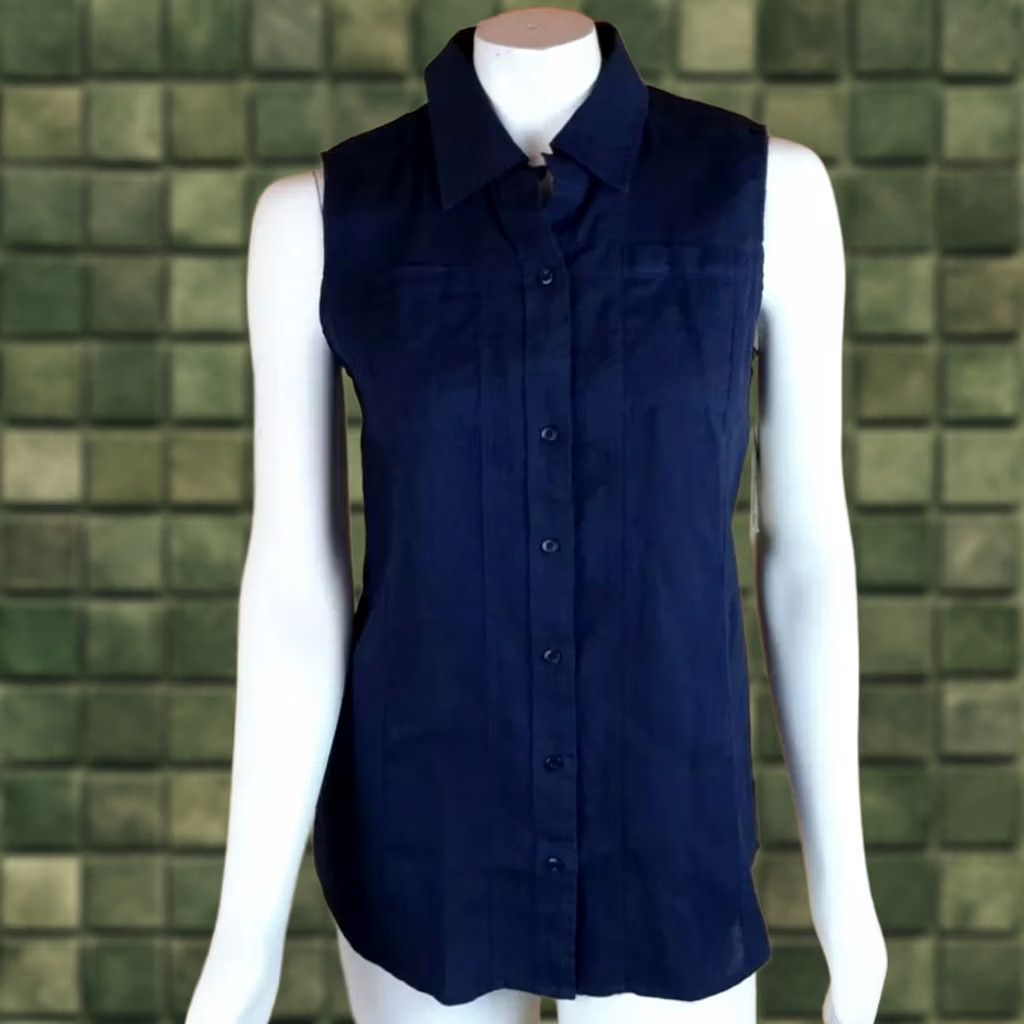 Vintage Margaritaville Blouse Women's Small Navy Blue Linen Sleeveless Button Front Casual Shirt Jewelry Pockets Regular Size S / US 4 / IT 40 - 1 Thumbnail