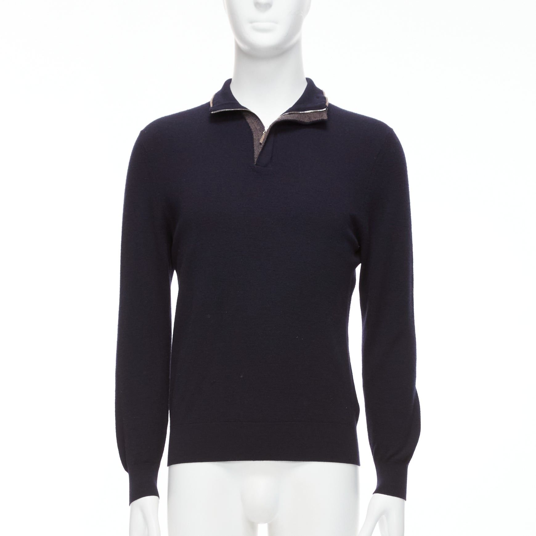 image of Ermenegildo Zegna Wool Cashmere Navy Grey Button Detail Half Zip Sweater It50 L, Men's (Size Large)