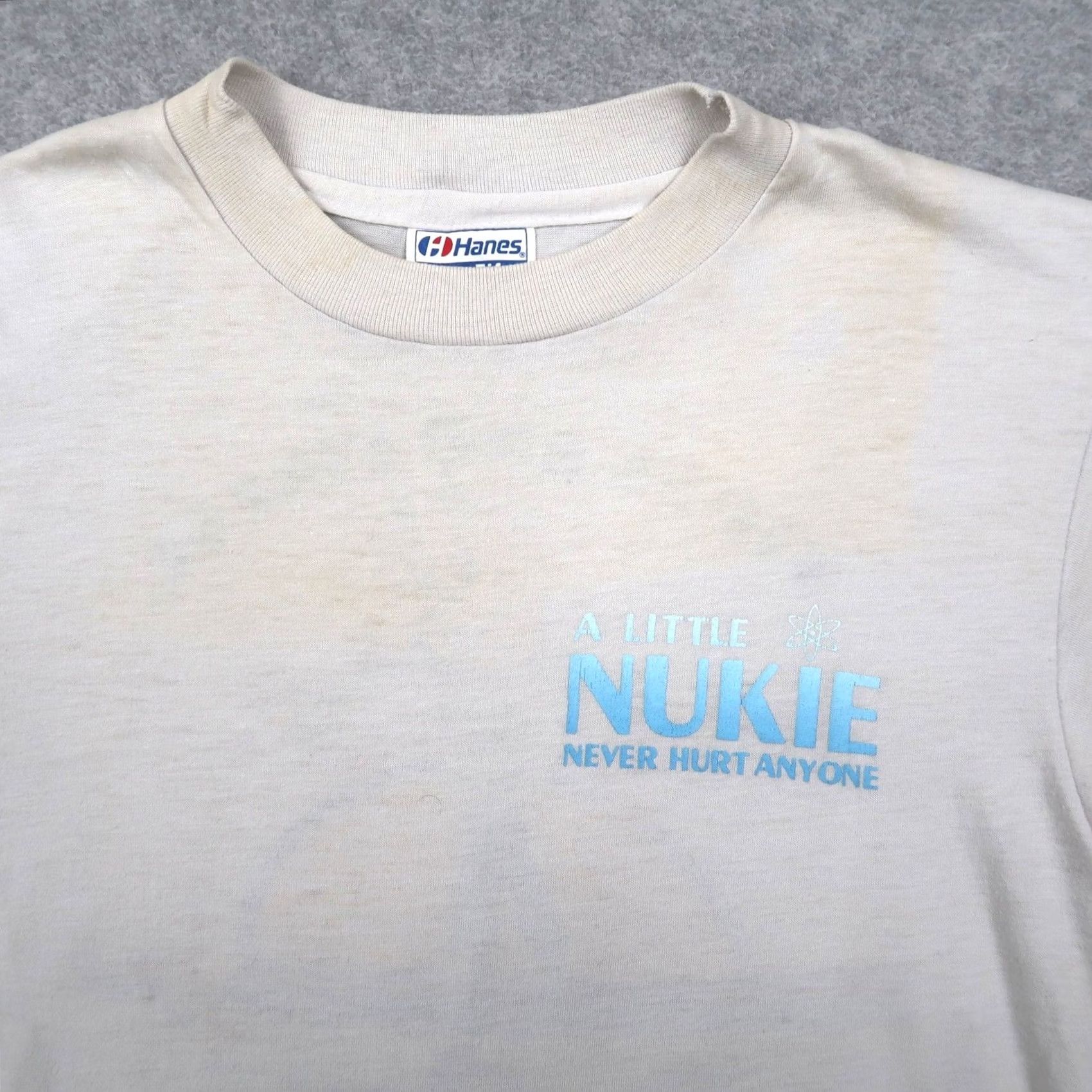 Hanes Vintage Nuke Never Hurt Anyone Nuclear BSEP T-Shirt Mens M Medium Ivory USA Size US M / EU 48-50 / 2 - 3 Thumbnail