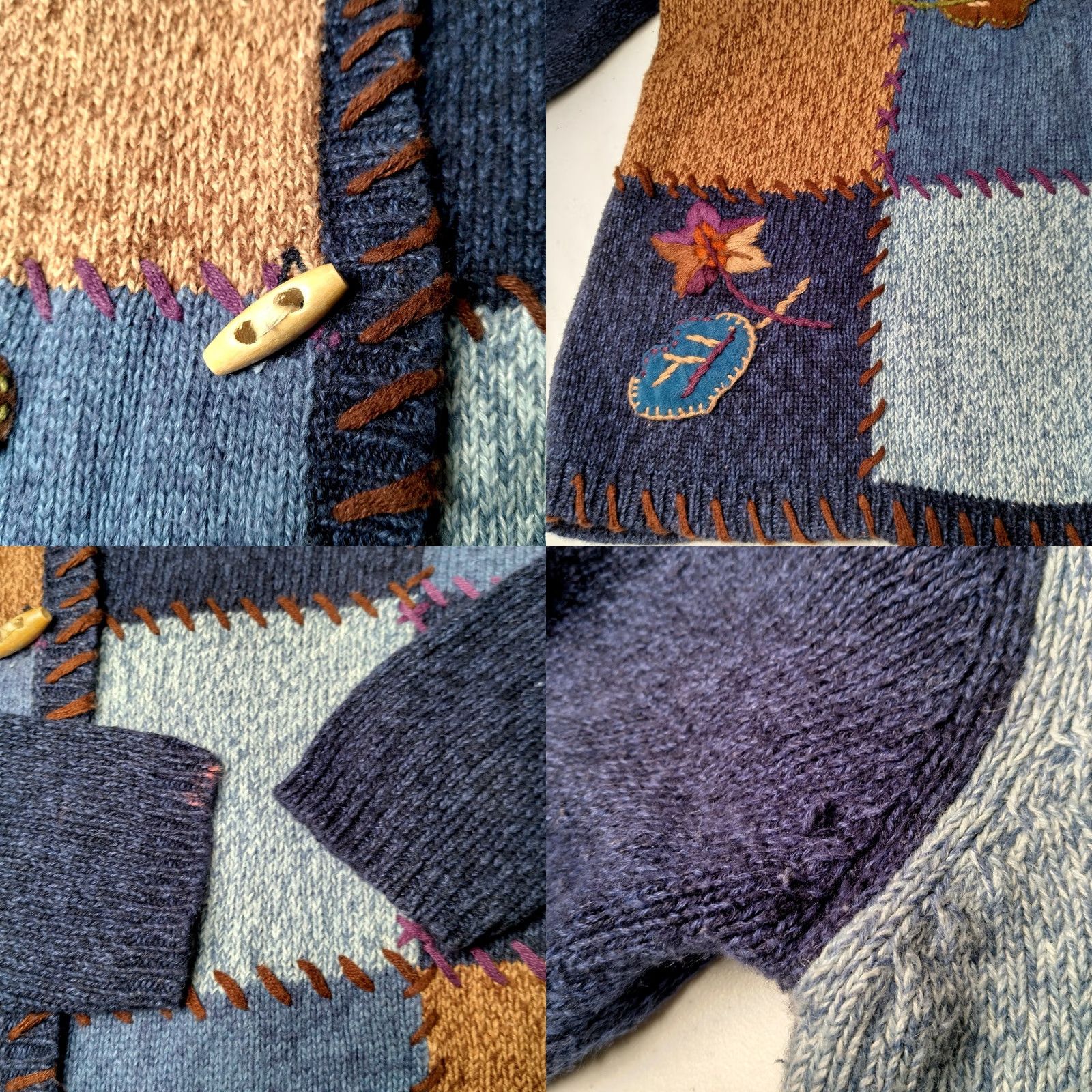 CO VINTAGE Erika And Co Cardigan Sweater Women L Patchwork Blue Brown Fall Leaves Leaf Size L / US 10 / IT 46 - 9 Thumbnail