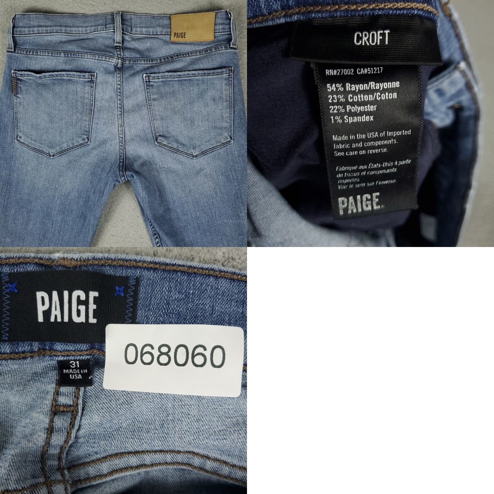 Paige Paige Jeans Mens 31x29 Blue Croft Slim Skinny Denim Pants Slim Straight 5-Pocket Logo Regular Waist Blue Mens Jeans Size US 31 - 8 Thumbnail
