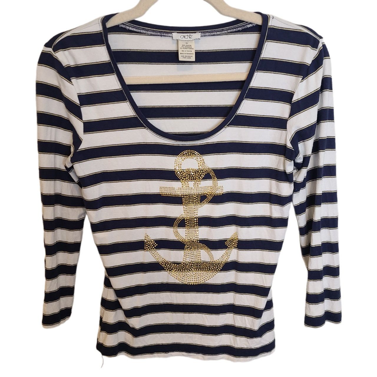 Cacharel Cache Womens Striped Rhinestone Anchor Nautical T-Shirt XS Size XS / US 0-2 / IT 36-38 - 1 Thumbnail