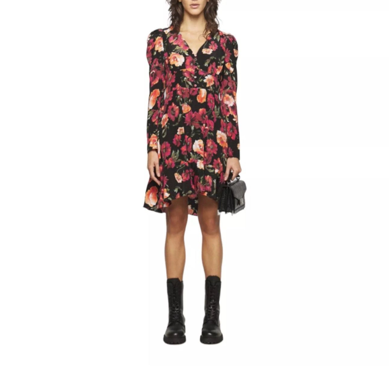The Kooples The Kooples Call Me Flower Black Floral Silk Mini Dress Size XS / US 0-2 / IT 36-38 - 7 Thumbnail