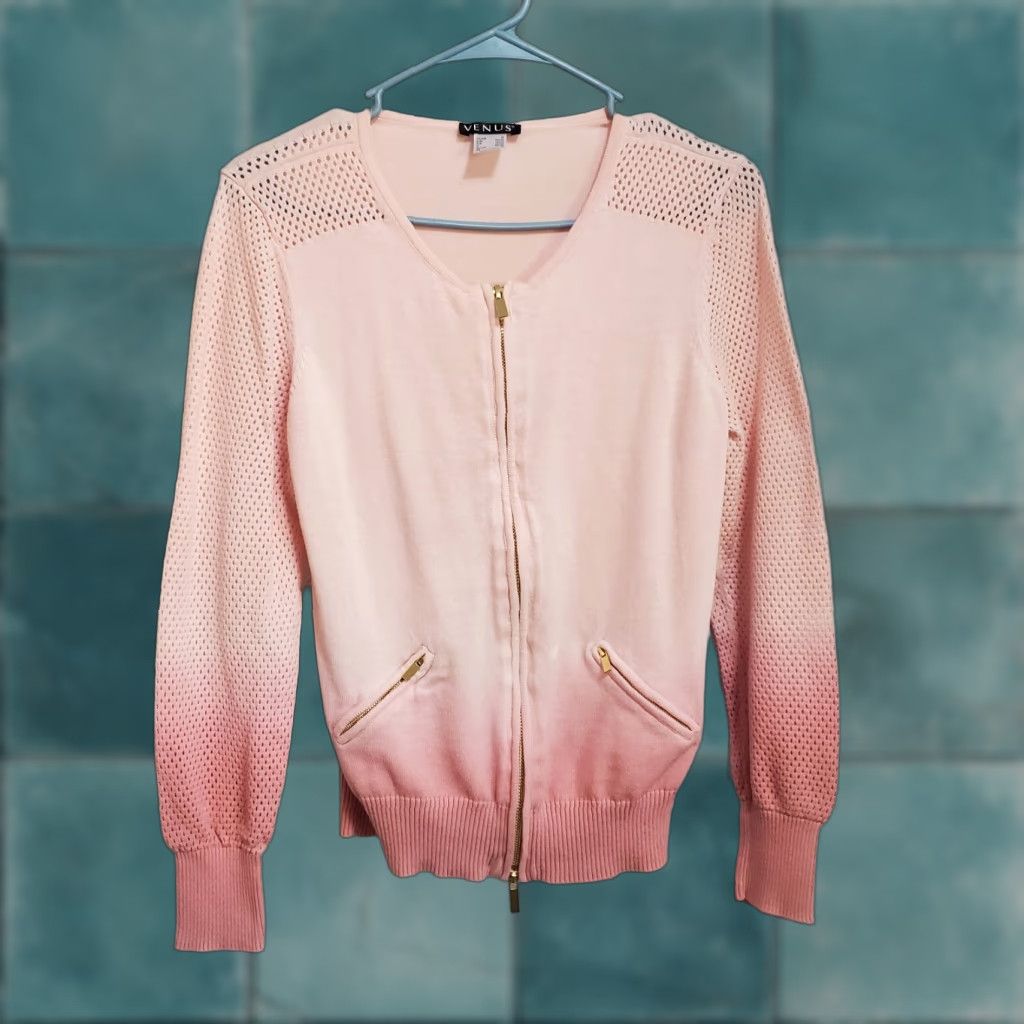 Venus VINTAGE: Not applicable; Venus Cardigan Women M Ombre Pink Knit Full Zip Perforated Long Sleeve Pockets Size M / US 6-8 / IT 42-44 - 1 Thumbnail