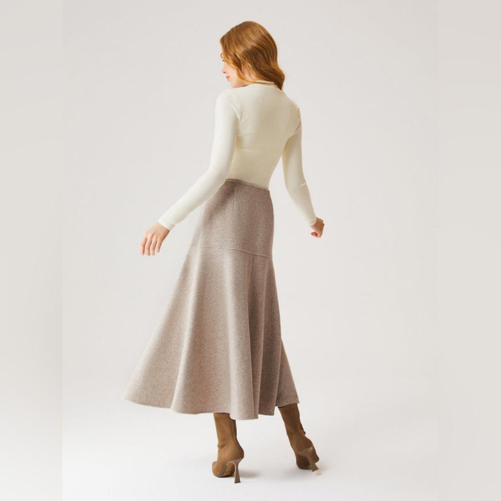 Designer OGL Tan Cream CashSoftWool-like Flared Maxi Skirt Size 28" / US 6 / IT 42 - 6 Thumbnail