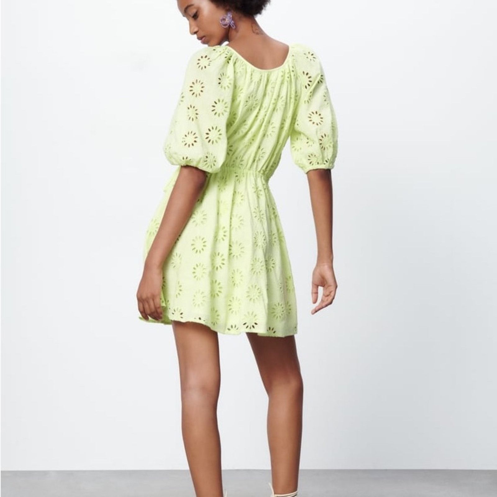ZARA OPENWORK EMBROIDERED DRESS LIGHT YELLOW