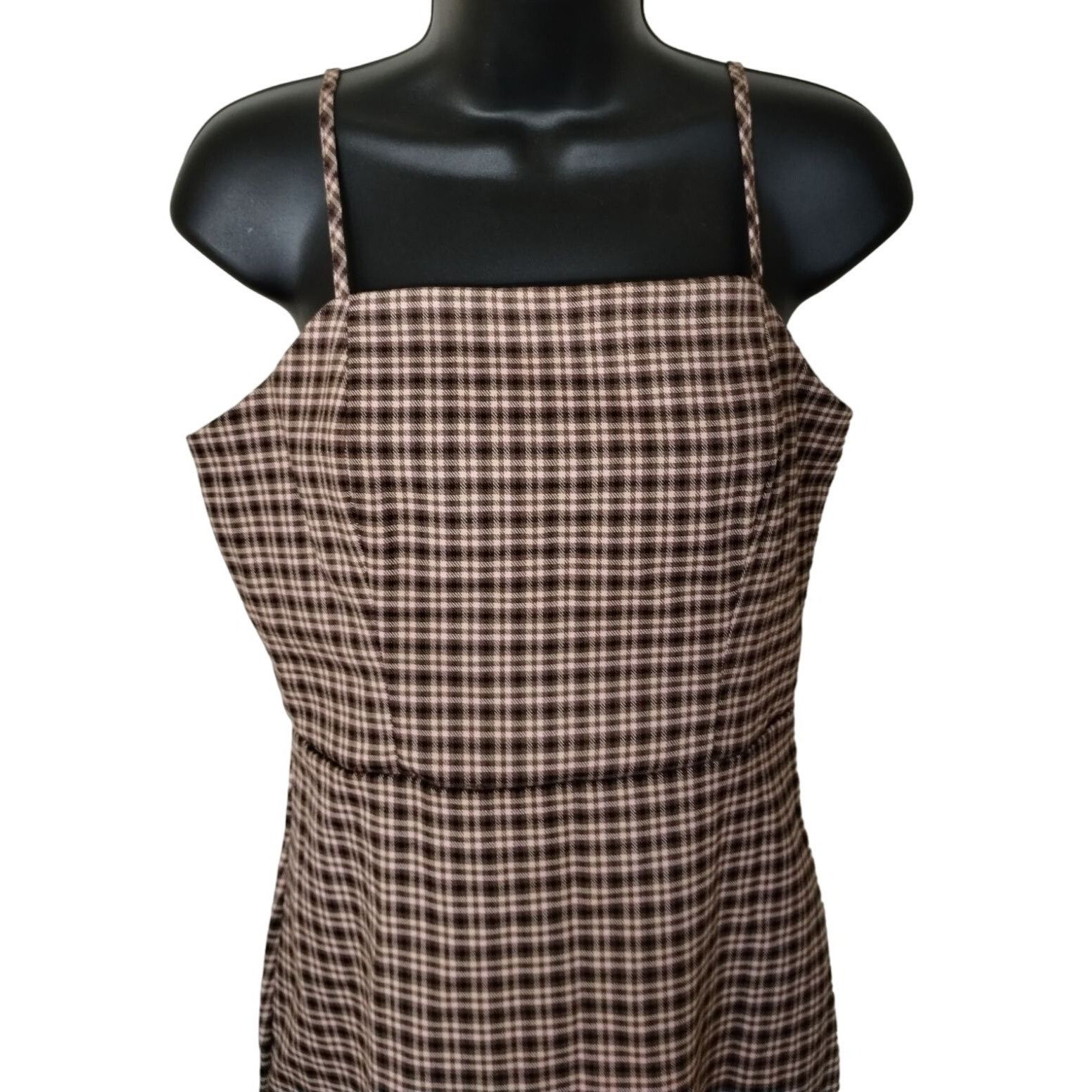 GB GB Juniors M Brown and Pink Plaid Mini Dress with Square Nec Size M / US 6-8 / IT 42-44 - 4 Thumbnail