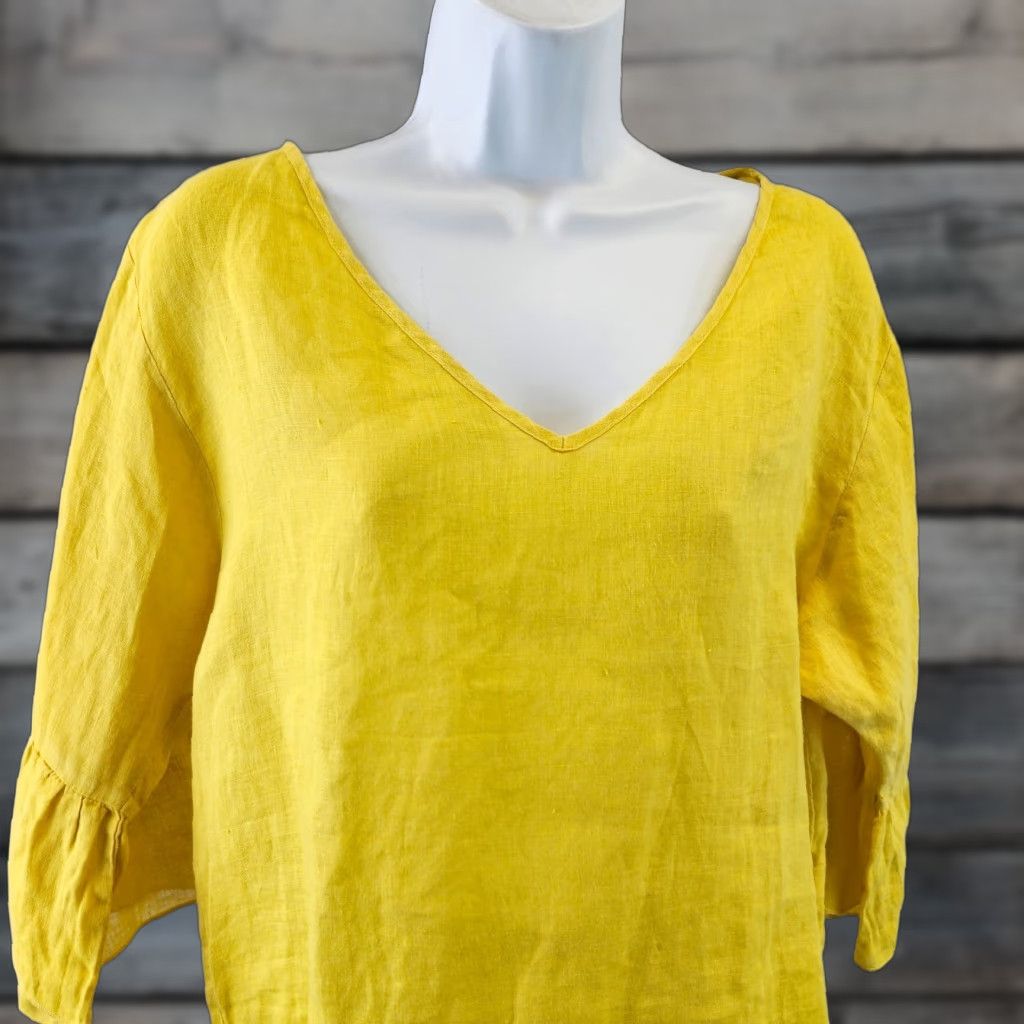 Vintage Three Dots Blouse Womens Linen Top Size Small Solid Yellow V-Neck 3/4 Sleeve Size S / US 4 / IT 40 - 1 Thumbnail