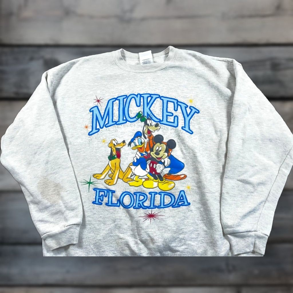 Tultex VINTAGE Disney Florida Print Sweatshirt Adult XL Gray 50/50 Mickey Goofy Pluto Tultex Crew Neck Pullover Graphic Print 90s Cartoon TV Mens Size US XL / EU 56 / 4 - 1 Thumbnail