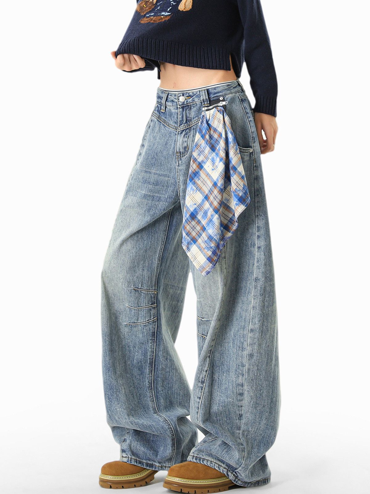 Vintage American men's washed distressed straight patchwork jeans Size US 32 / EU 48 - 3 Thumbnail